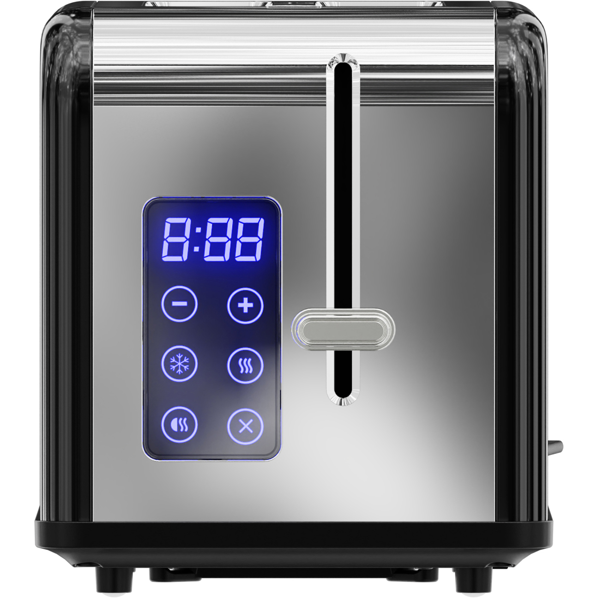 A chrome toaster with a blue digital display showing 8:88 and control buttons.