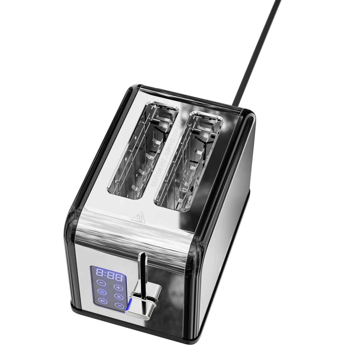 A shiny chrome toaster with a digital display and two slots.