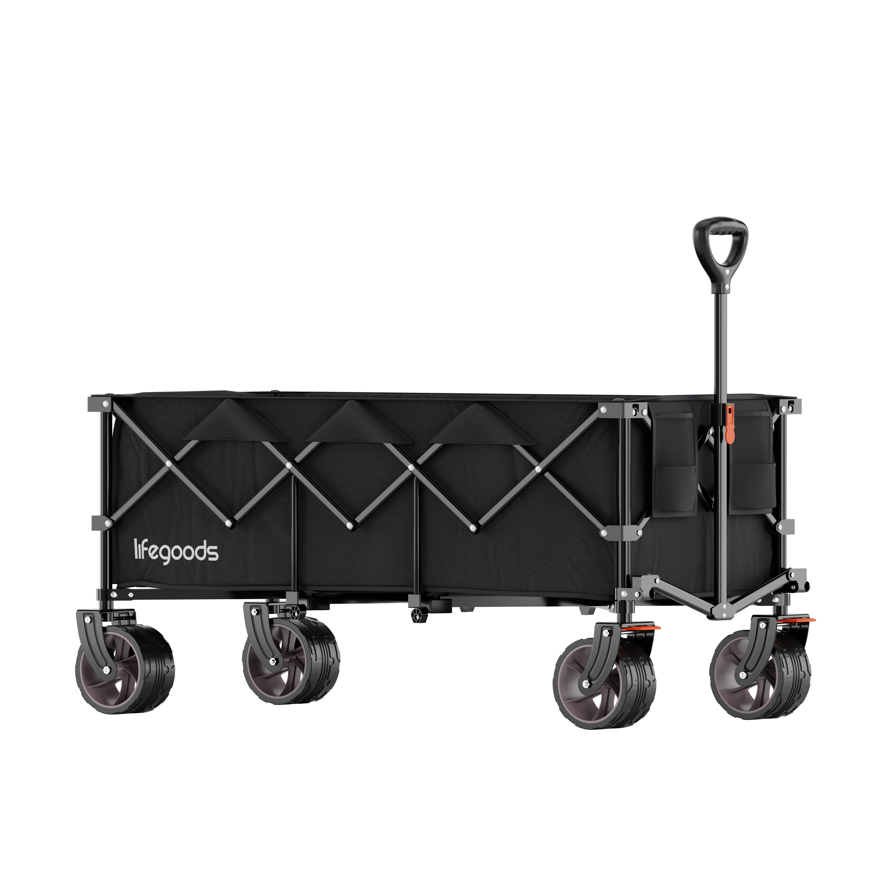 A black Lifegoods wagon with a handle and four wheels.