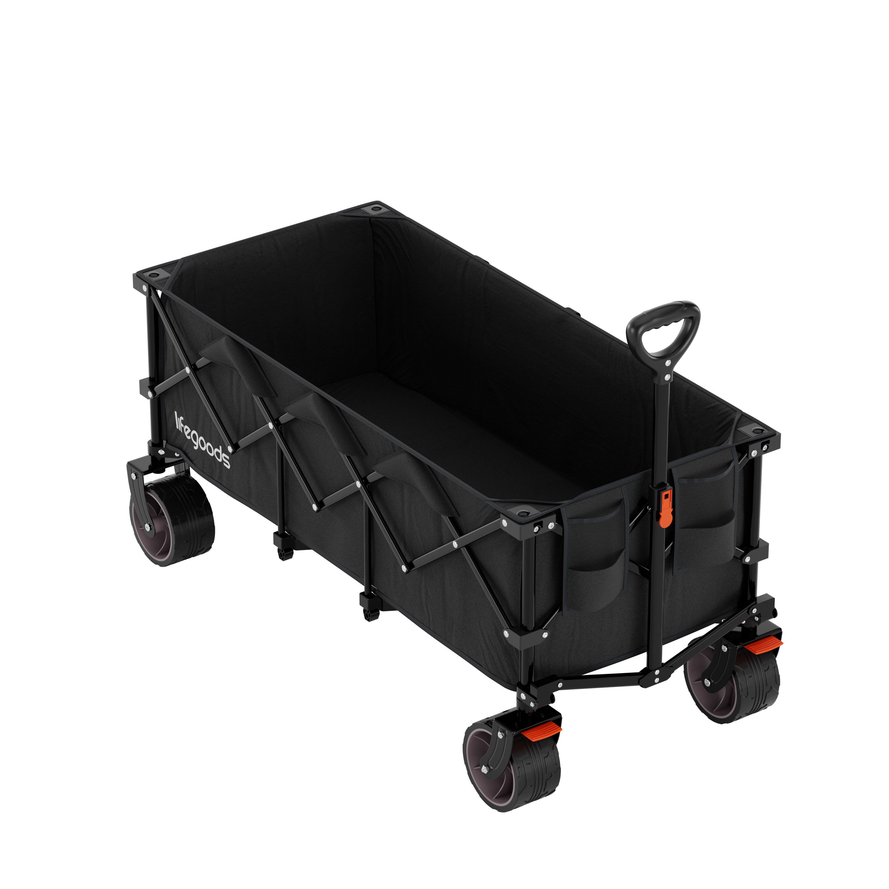 A black foldable wagon with a handle and wheels, ready for use.
