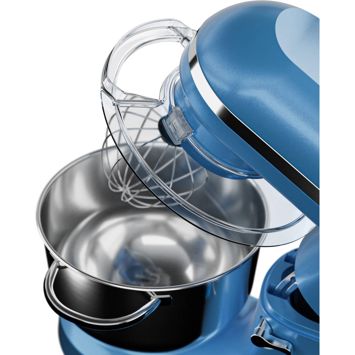 Blauwe standmixer met transparante deksel en garde, roestvrijstalen kom.