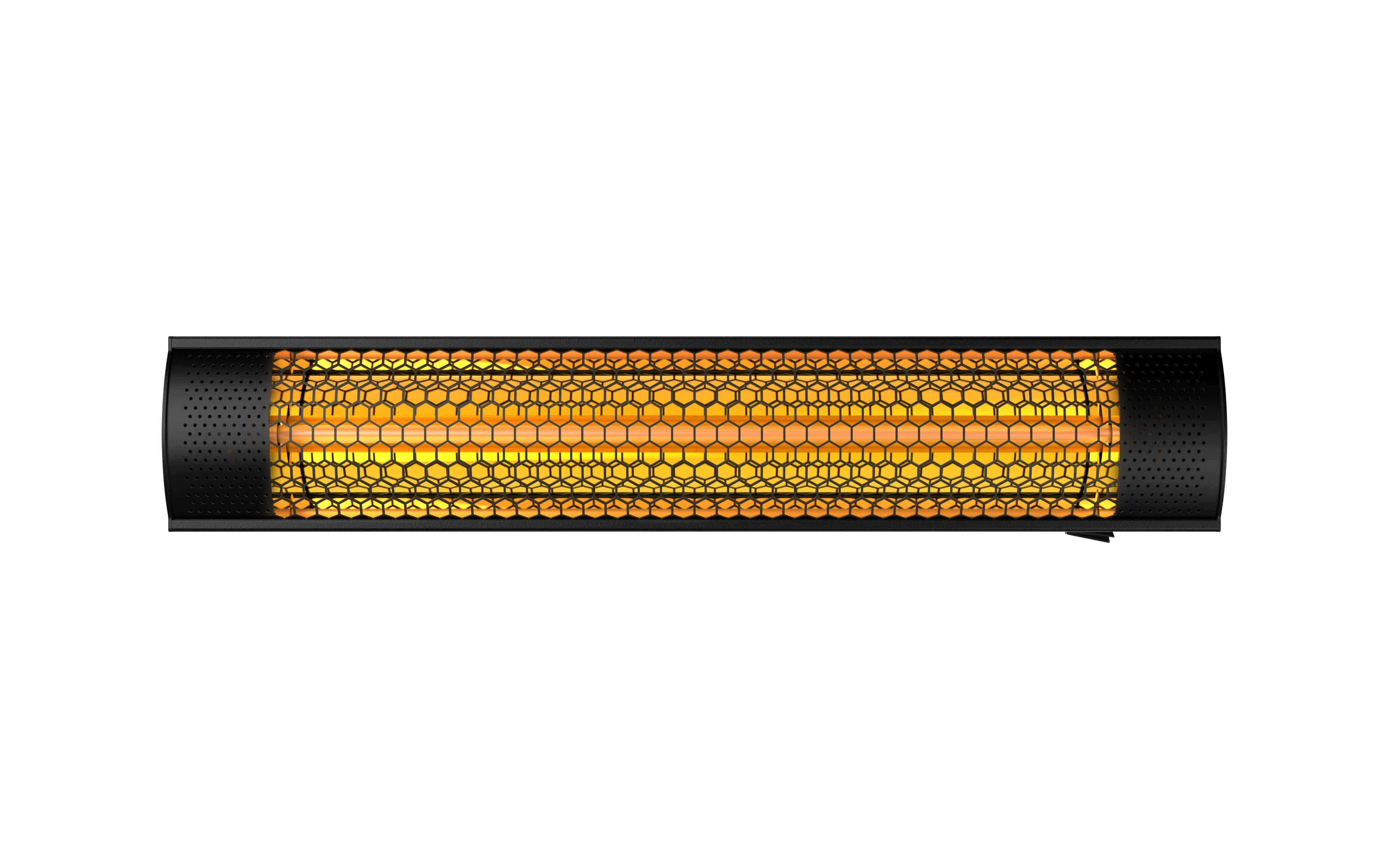 Un radiateur noir avec grille en nid d'abeille et éléments orange lumineux.