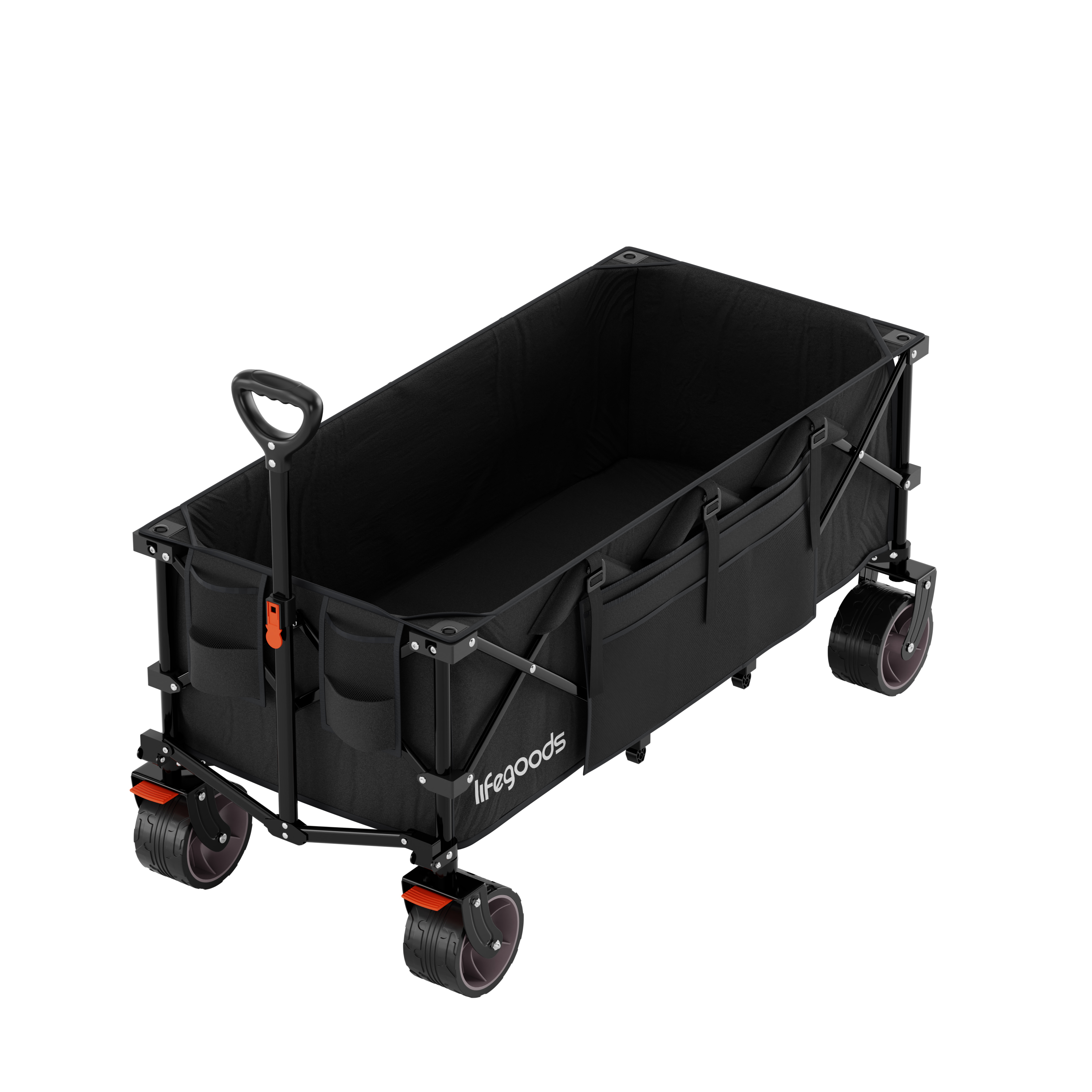 A black collapsible wagon with a handle and four wheels, featuring the 'lifegoods' logo.
