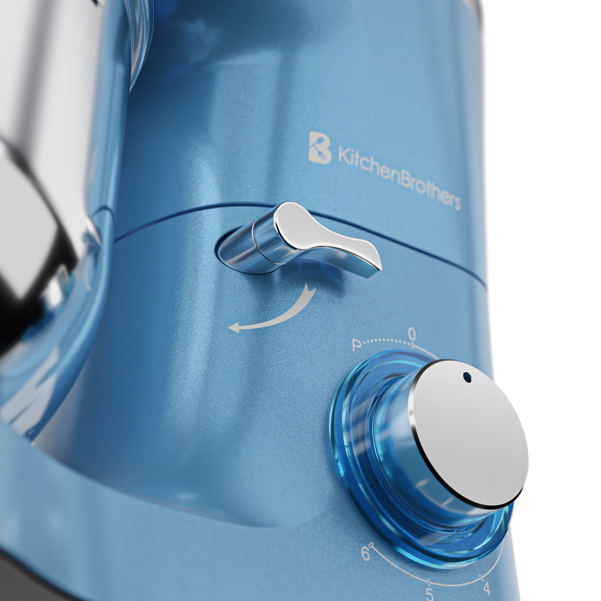 Blauwe keukenmixer met zilveren hendel en snelheidsregelaar.