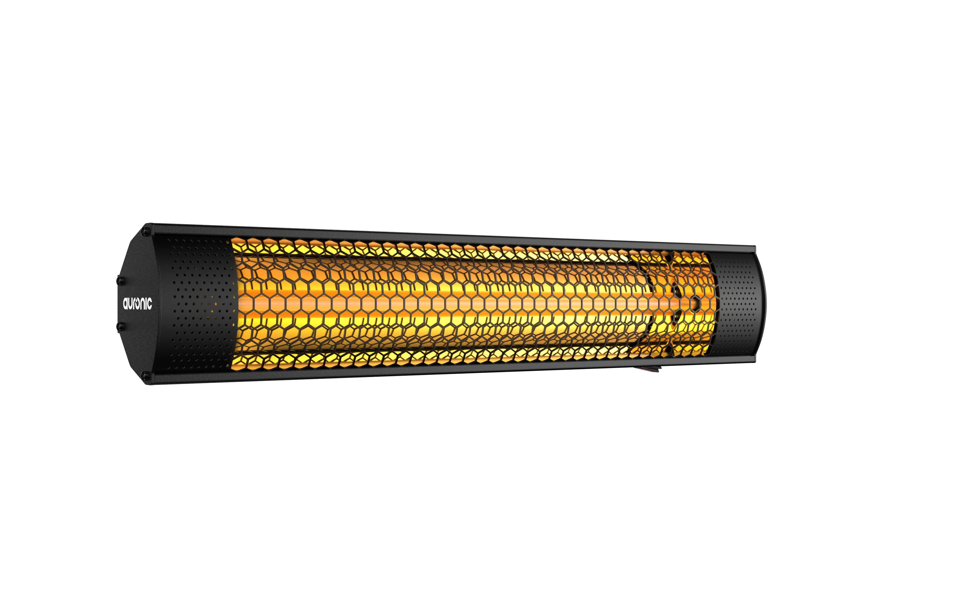 Un radiateur infrarouge noir avec grille en nid d'abeille et éléments chauffants orange vif.