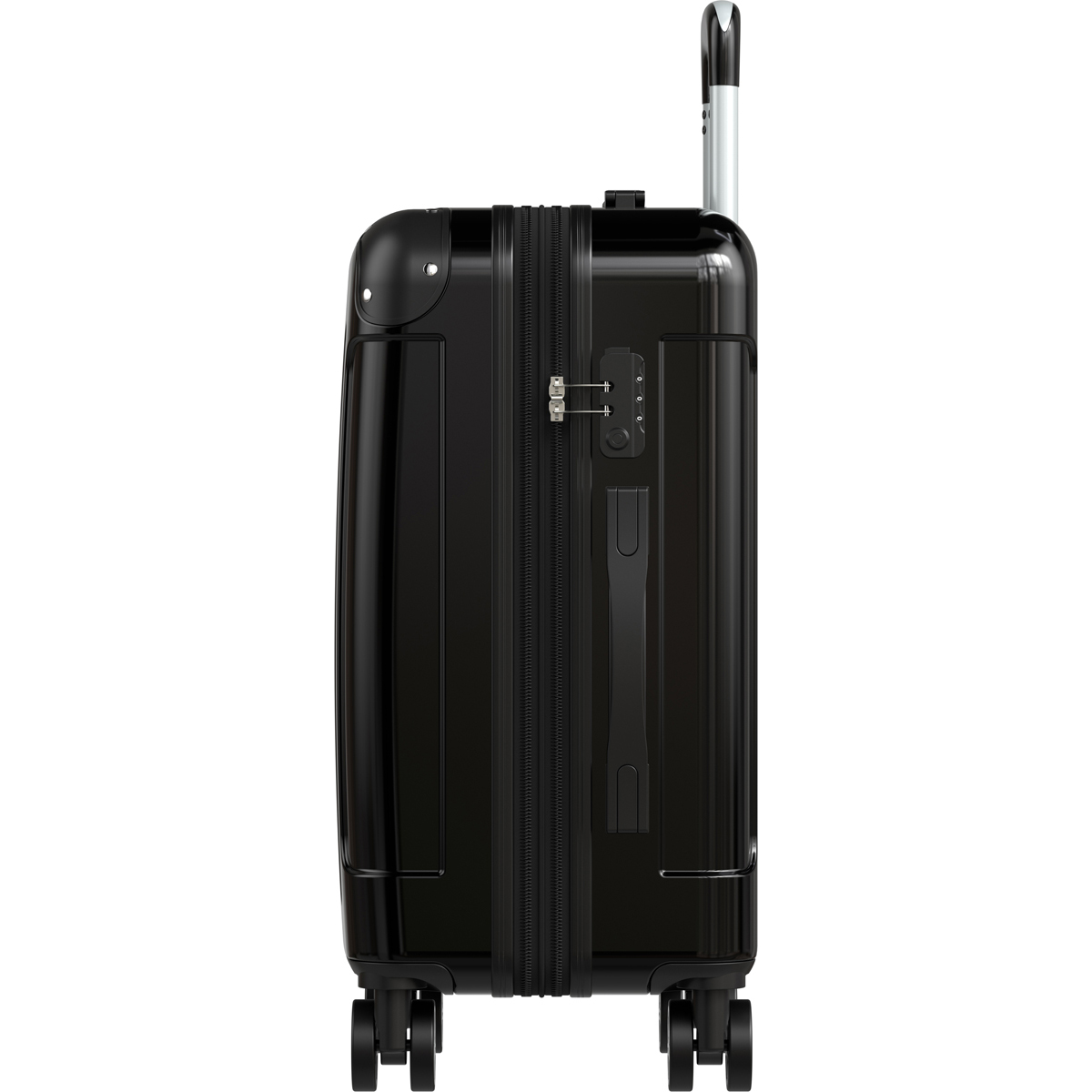Une valise à roulettes noire avec poignée argentée et serrure à combinaison sur fond blanc.