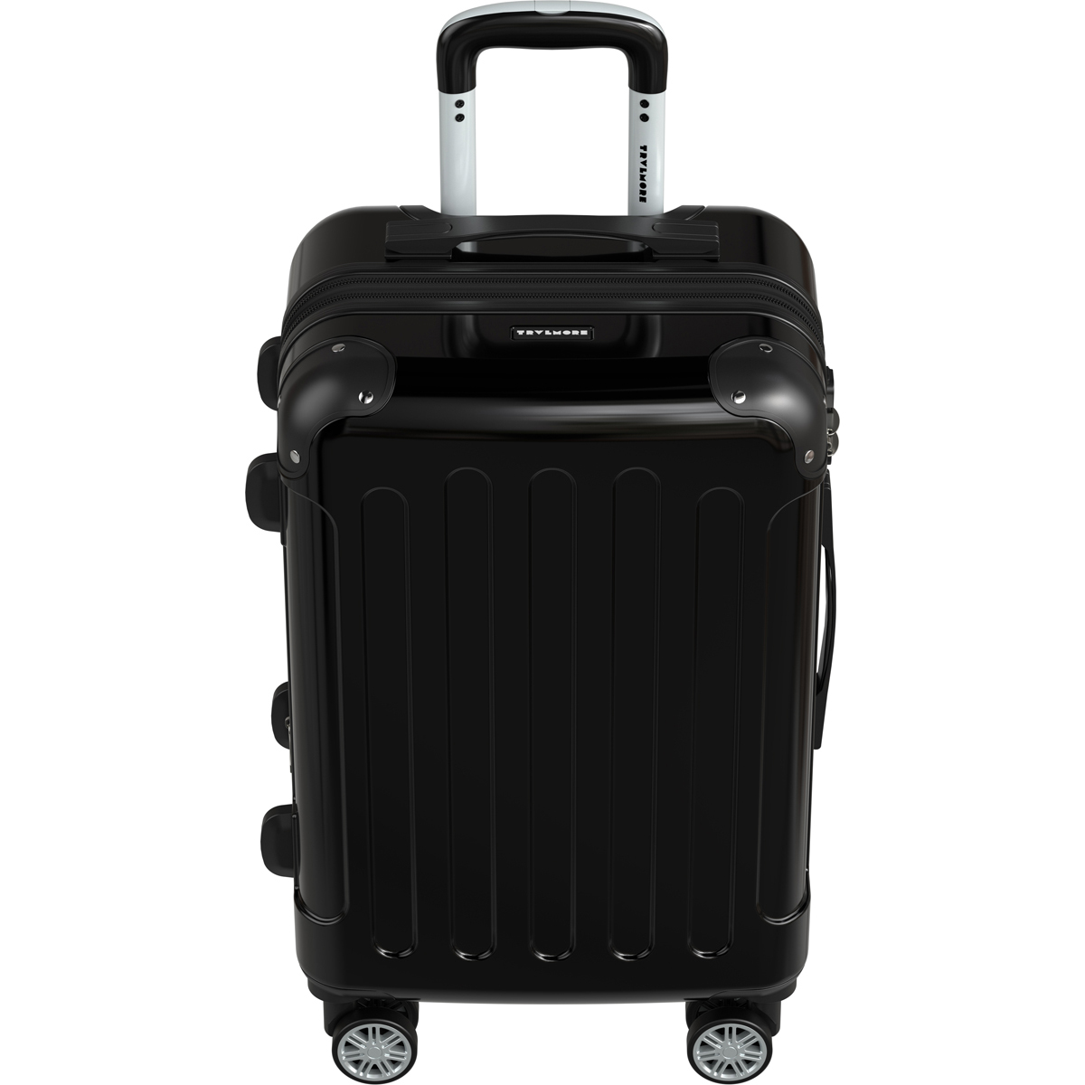 Valise trolley noire avec poignée extensible et quatre roues.
