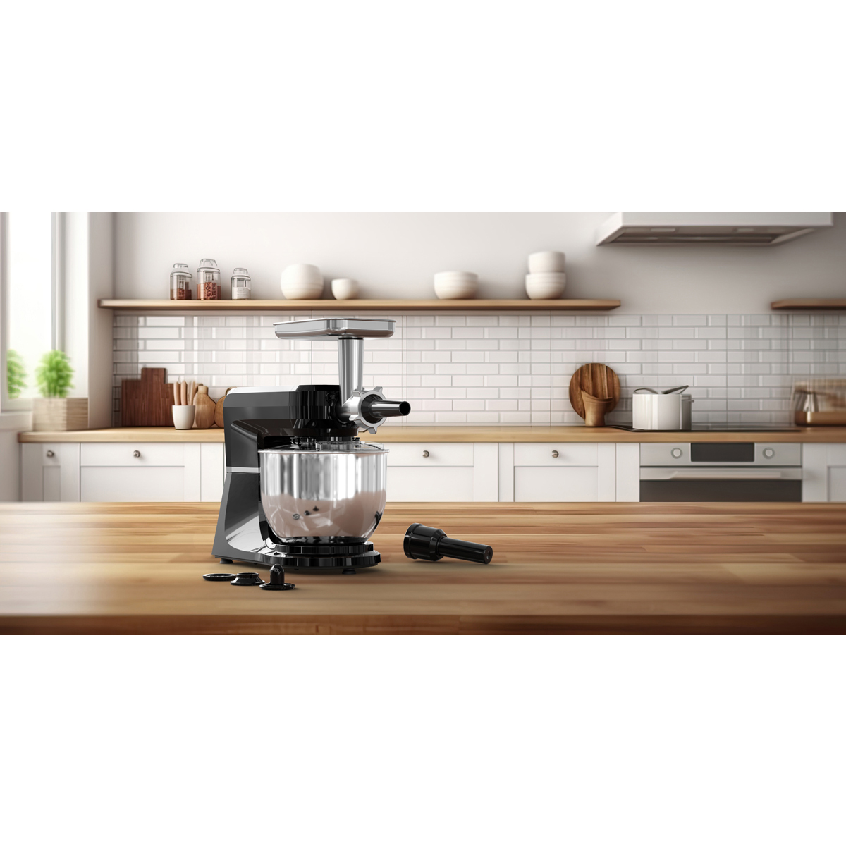 Un accessoire de robot culinaire noir avec un hachoir à viande sur une table en bois.
