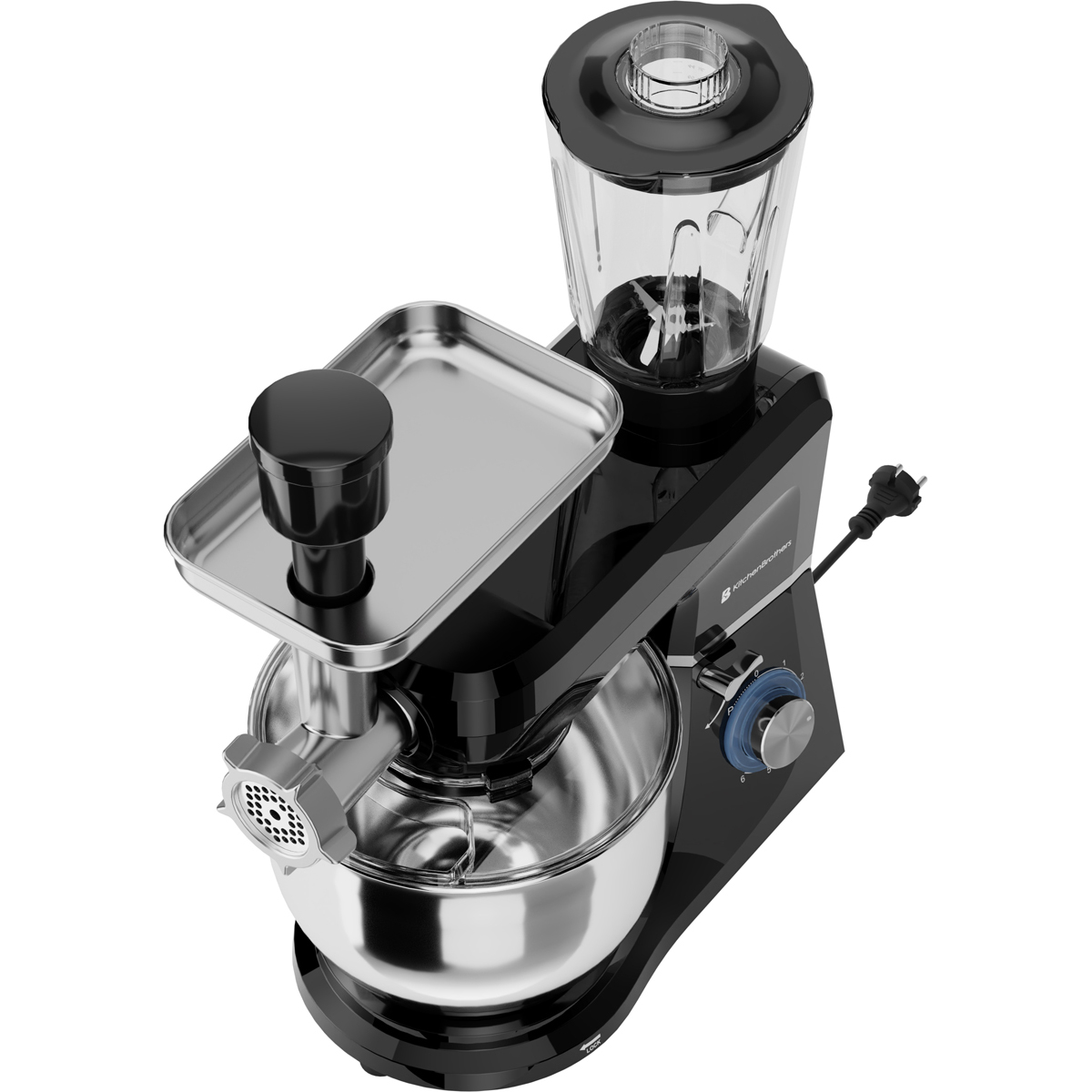 Accessoire noir pour robot multifonction avec hachoir, bol et blender.