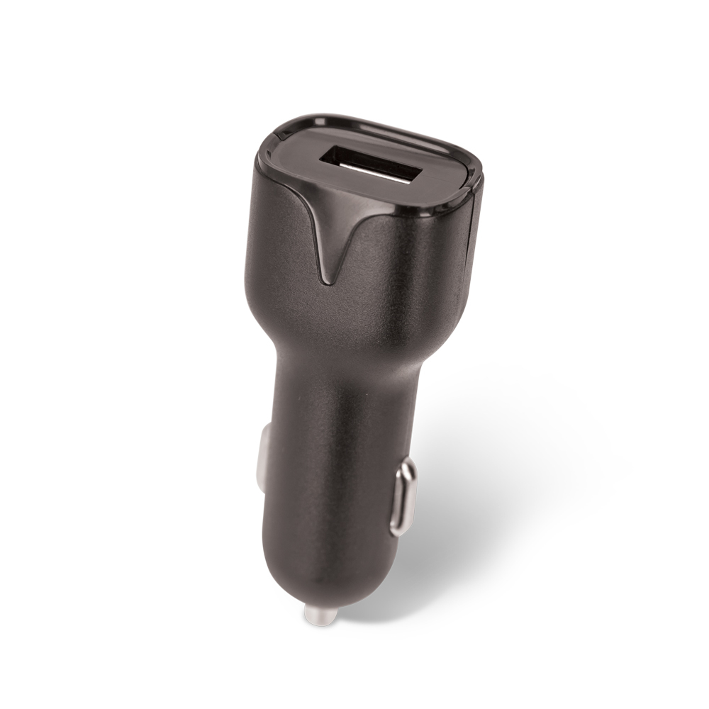 Czarna samochodowa ładowarka USB widoczna na białym tle. Posiada jeden port USB.