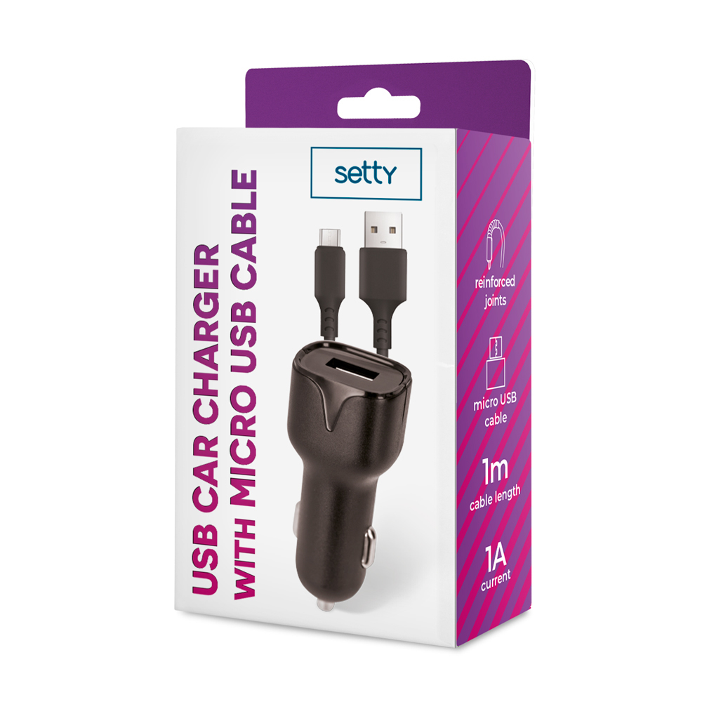Ładowarka samochodowa USB Setty z kablem micro USB, 1m, 1A