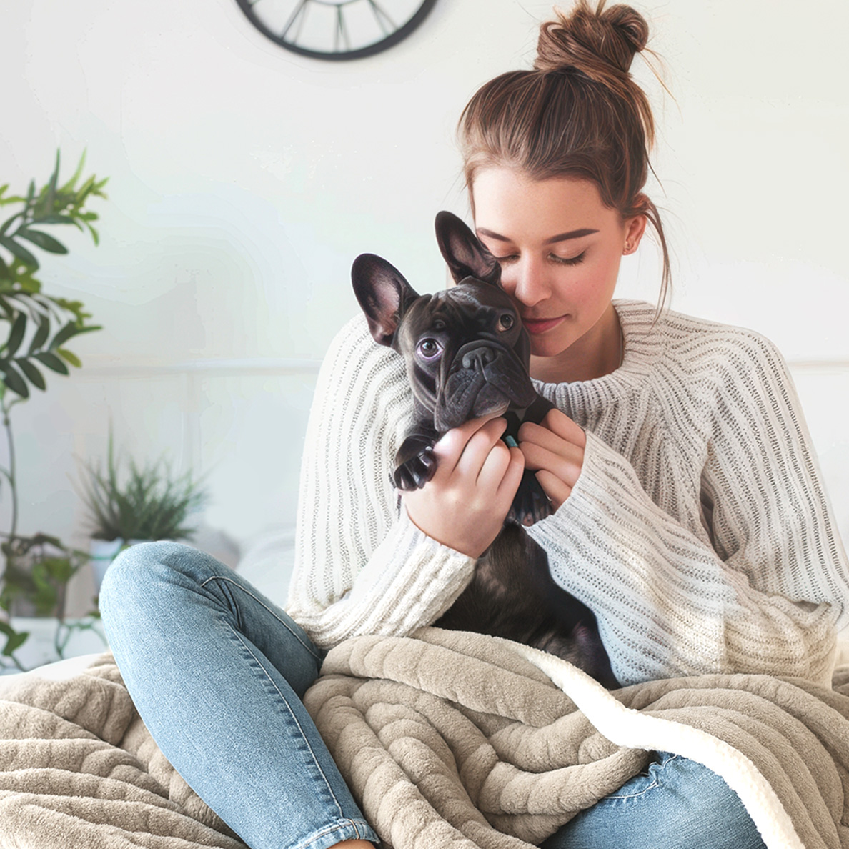 A young woman with her hair in a bun holds a black French bulldog puppy.
