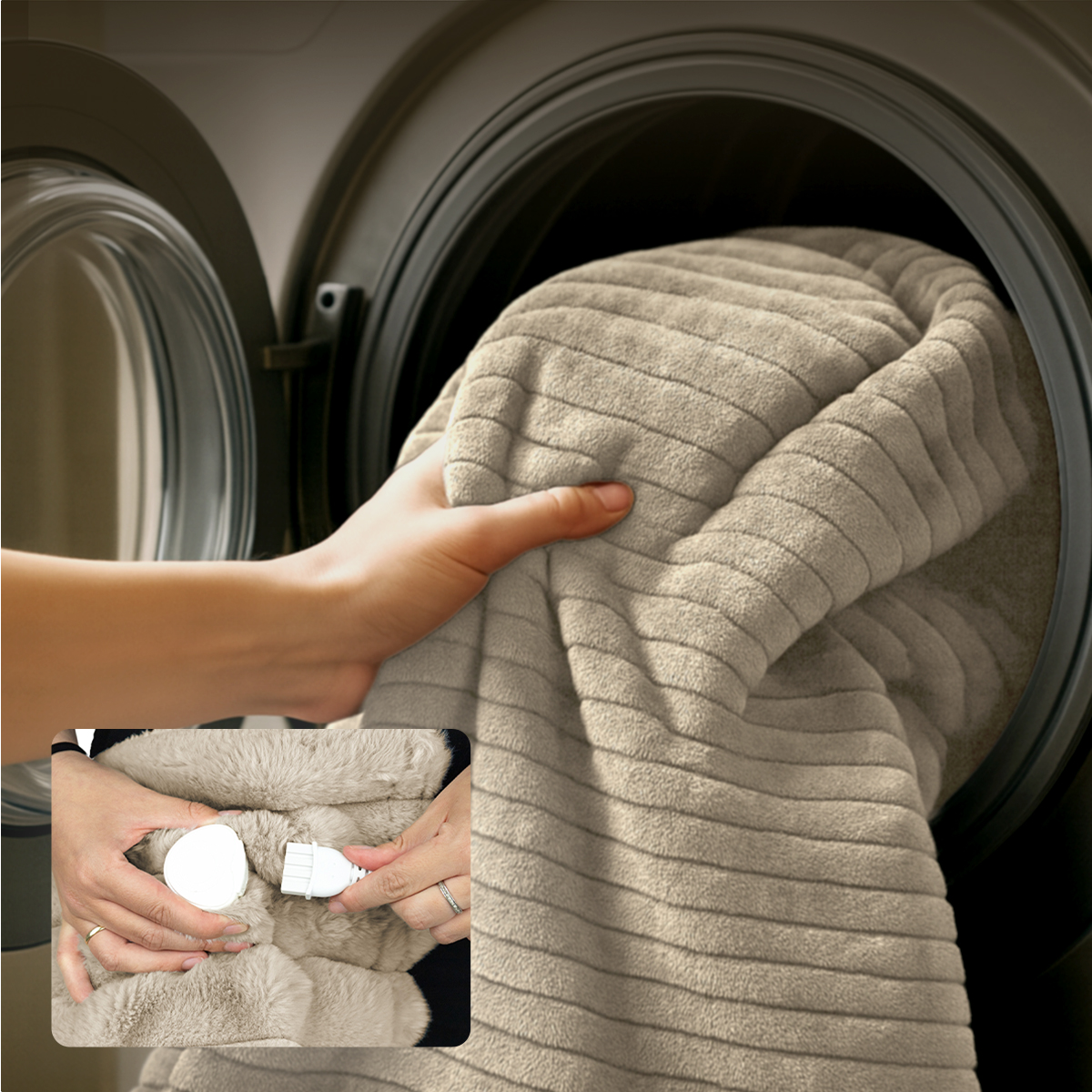A hand places a beige plush blanket into a washing machine. A close-up shows a power plug.