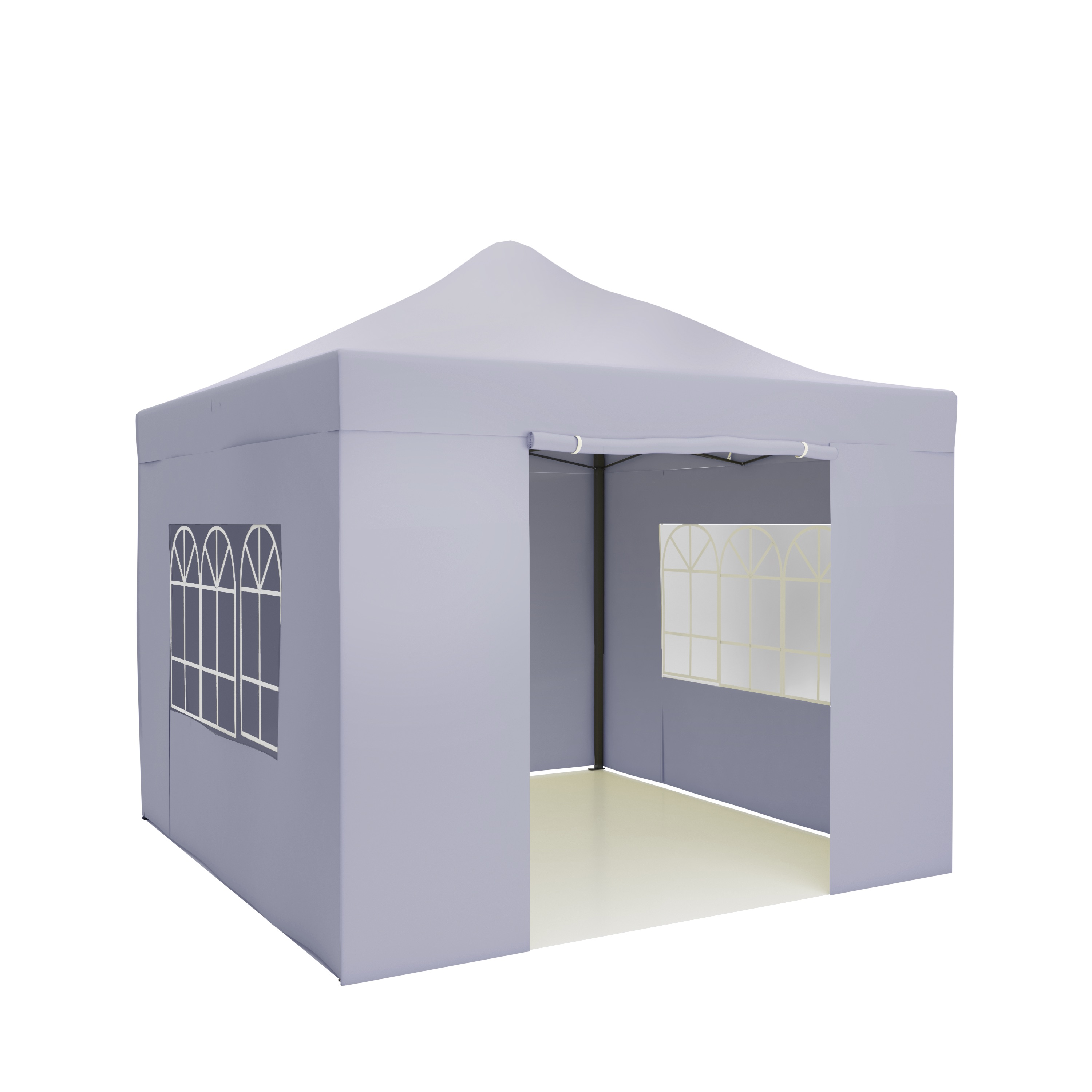 A gray canopy tent with windows and an open front stands on a white background.