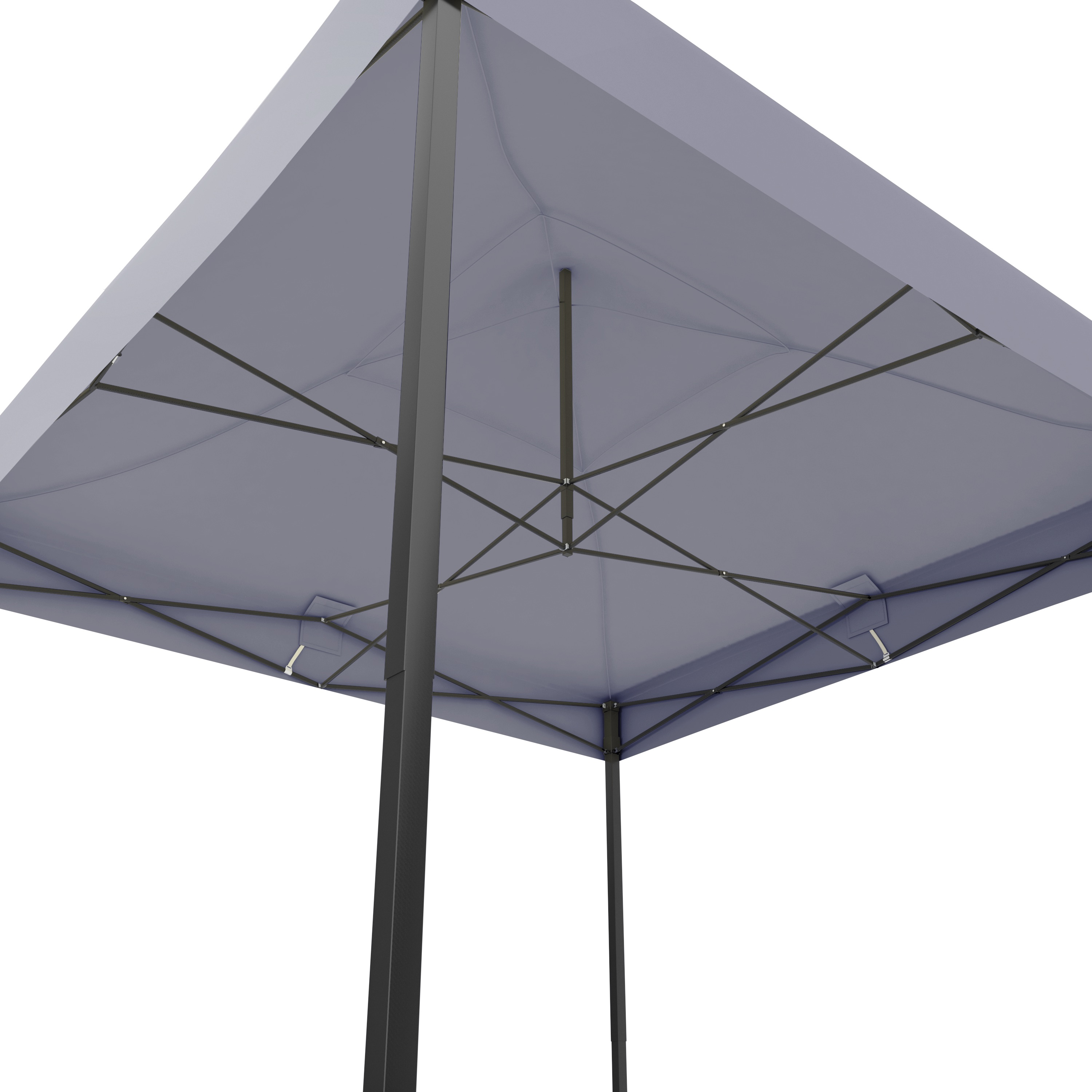 Underside view of a gray canopy tent frame with fabric.