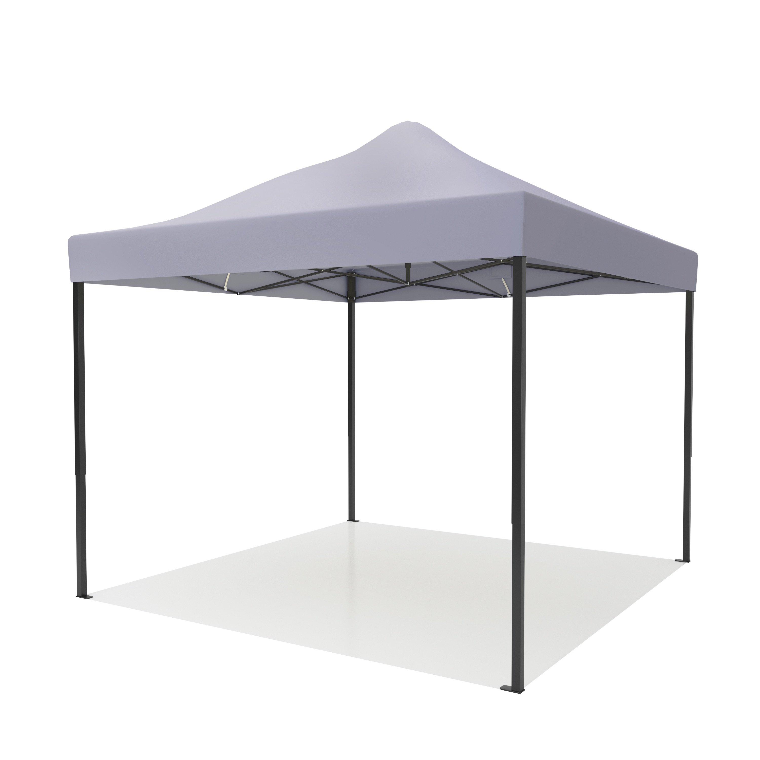 A gray canopy tent with a black metal frame on a white background.