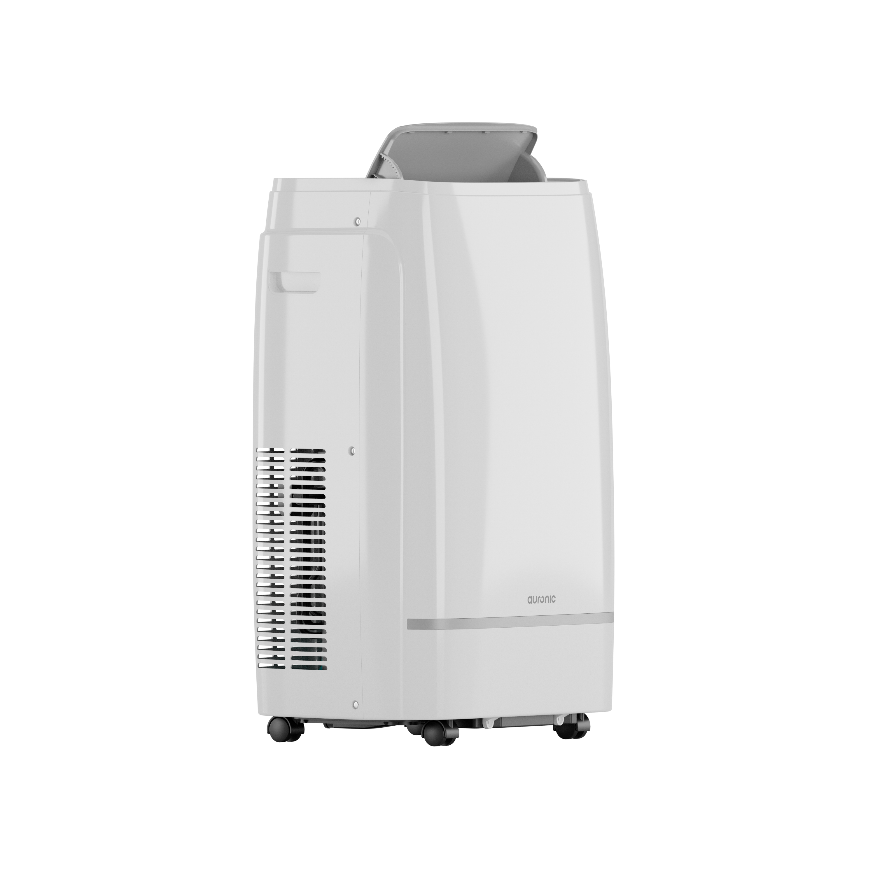 Tour blanche de climatiseur portable avec couvercle ouvert et roulettes.