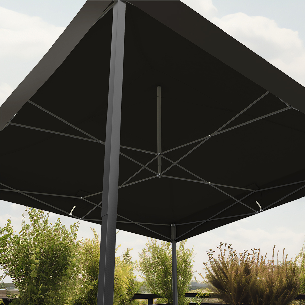 Underside of a large, black, square patio umbrella with metal frame and posts.