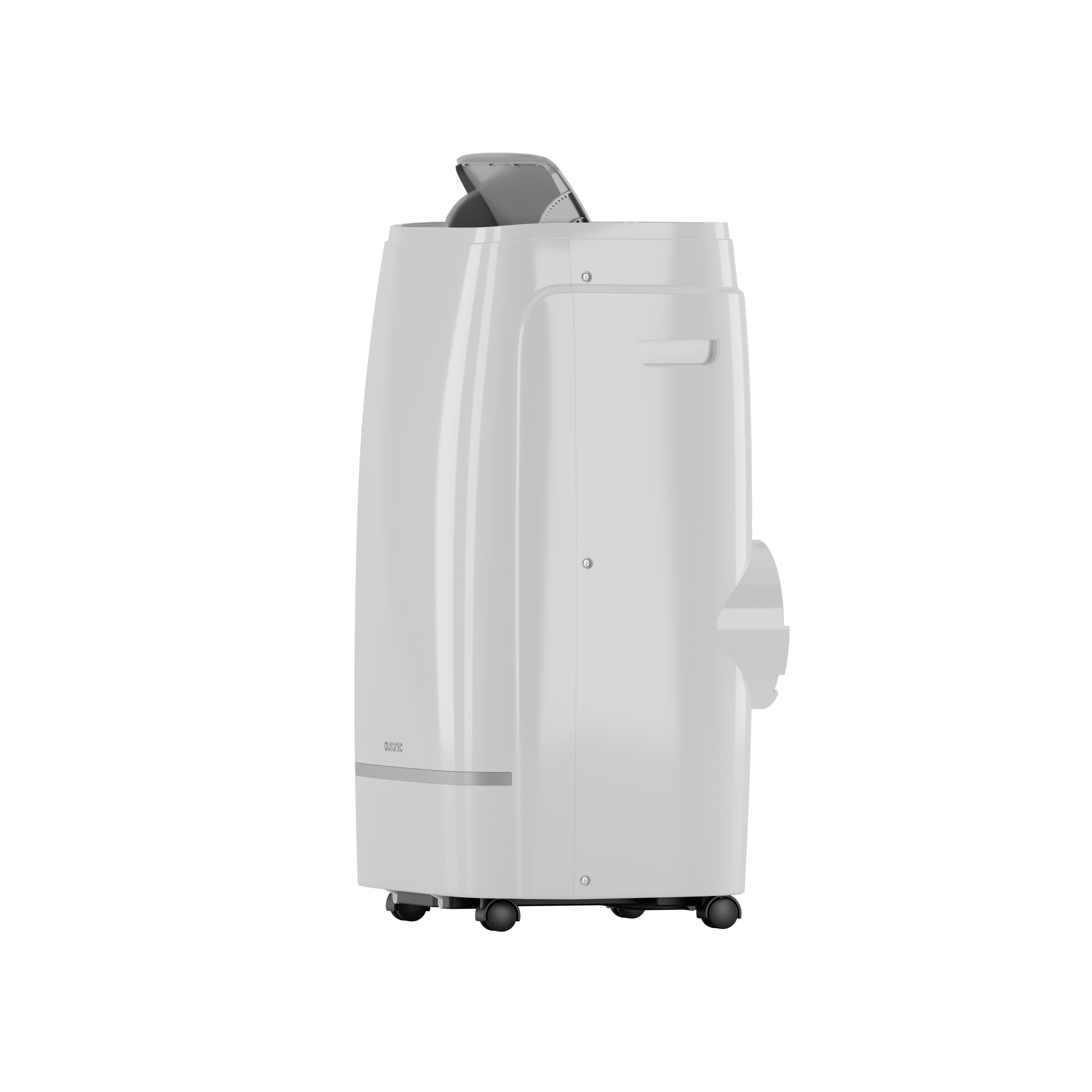 Un climatiseur portable blanc avec roues et couvercle supérieur ouvert.
