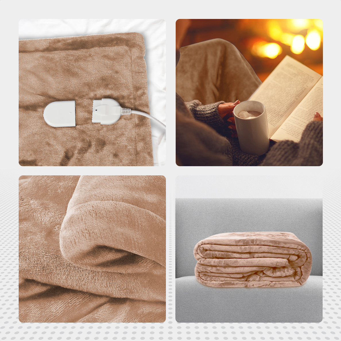Brown heated blanket with white plug, person reading, close-up, folded on sofa.