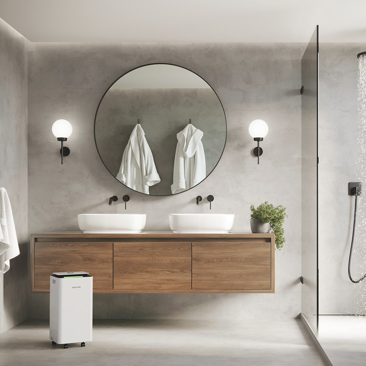 Moderne badkamer met dubbele wastafels, houten meubel, douche en luchtzuiveraar.