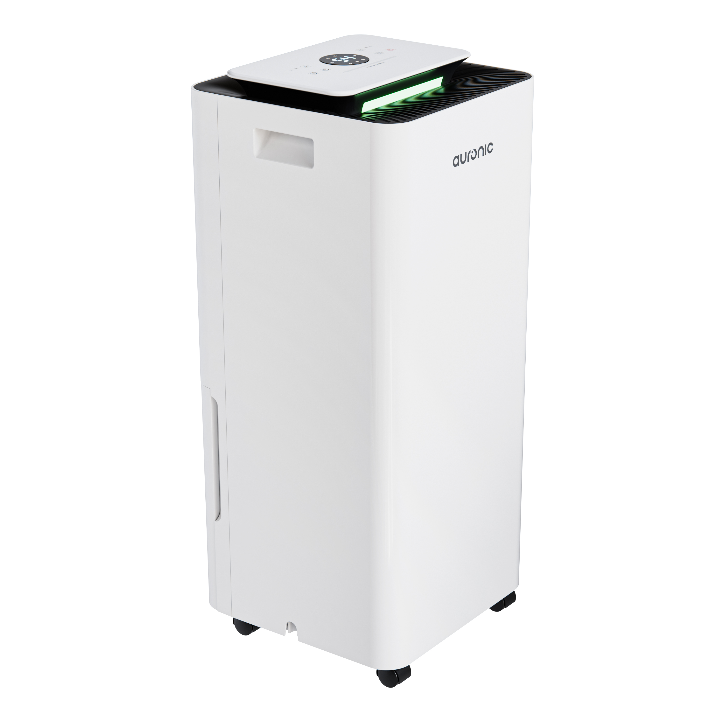 Un déshumidificateur blanc avec lumière verte et panneau de commande.