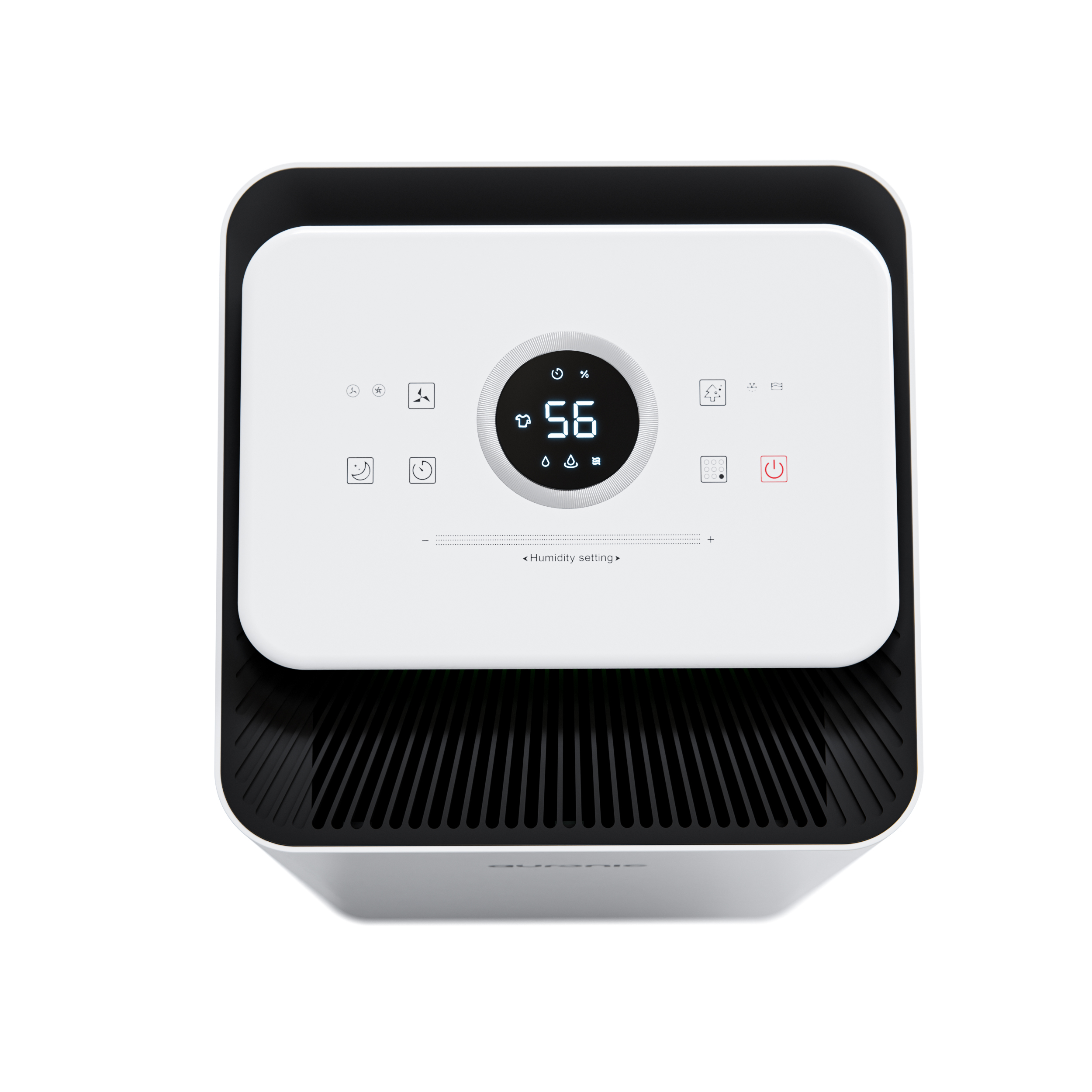 Een witte luchtontvochtiger met zwarte ventilatieopeningen en een digitaal display van 56%.
