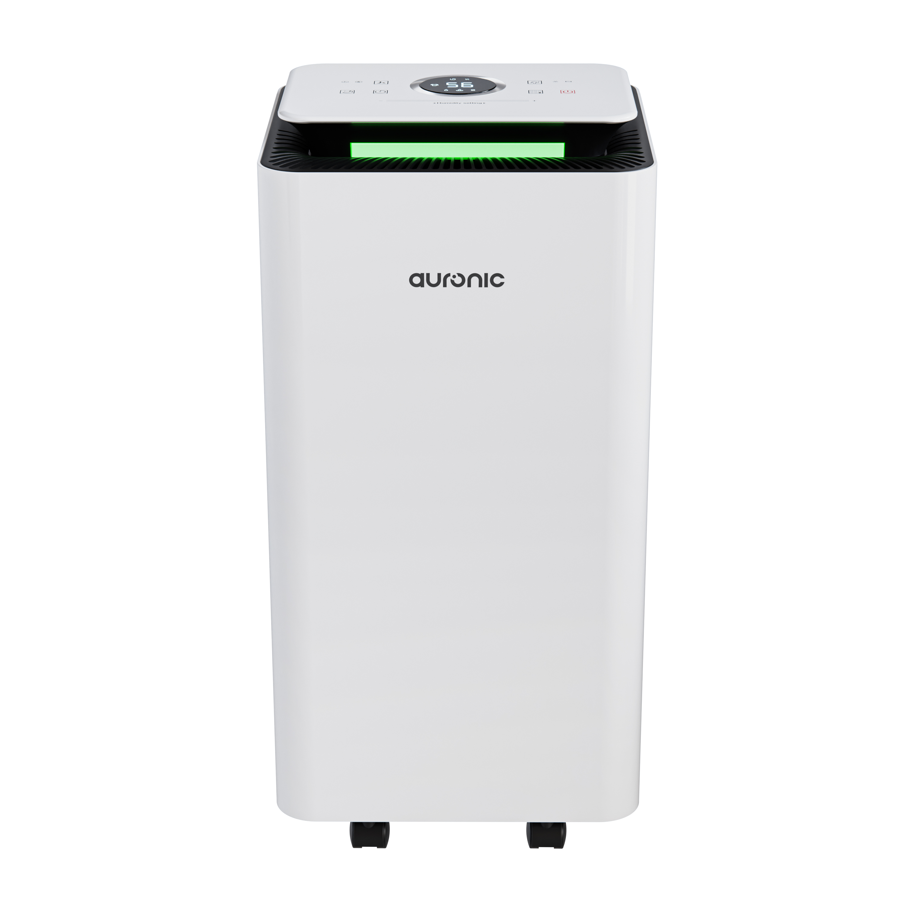 Een witte luchtreiniger met Auronic-logo en digitaal display.