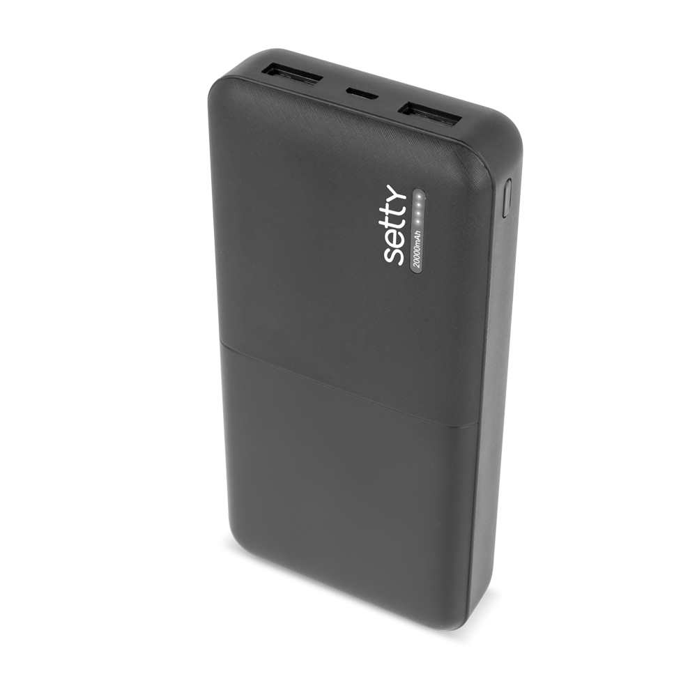 Czarny power bank Setty z dwoma portami USB i wskaźnikami baterii.