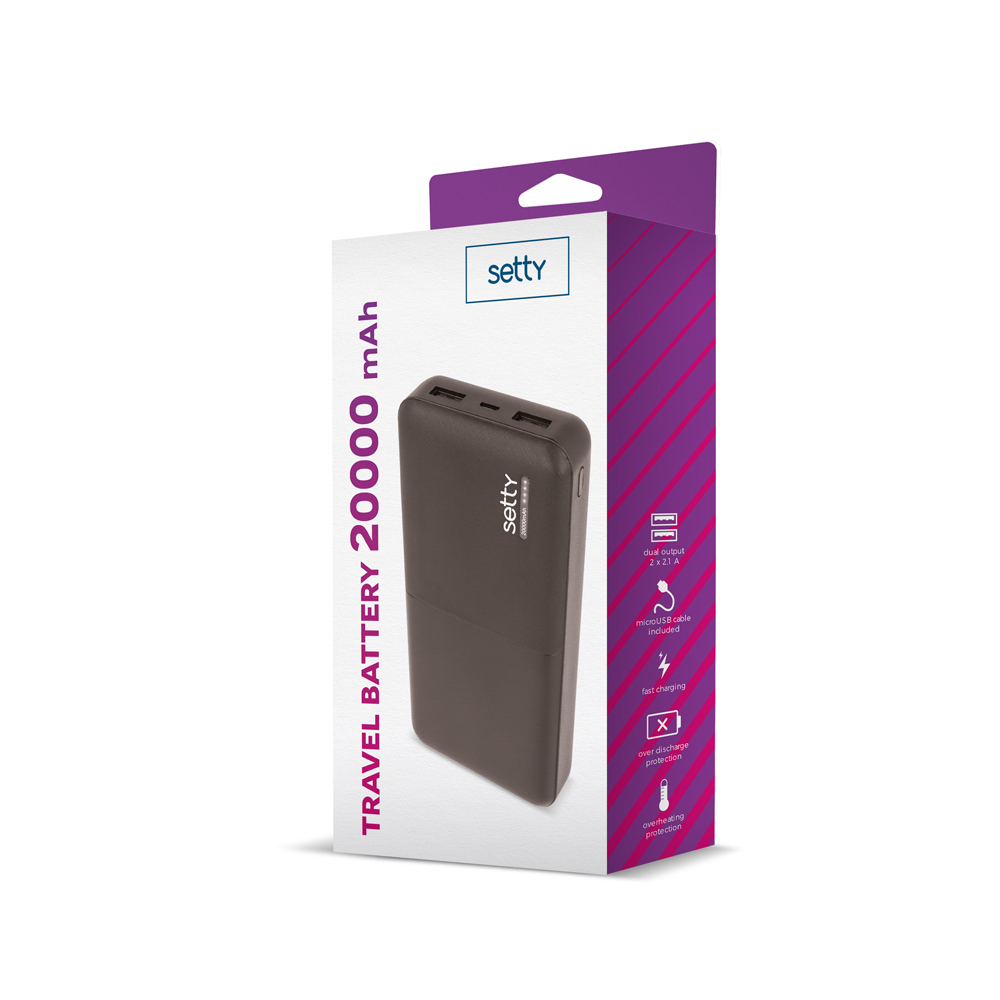Powerbank Setty 20000mAh: ciemnobrązowy, podwójny USB, kabel micro-USB, szybkie ładowanie.