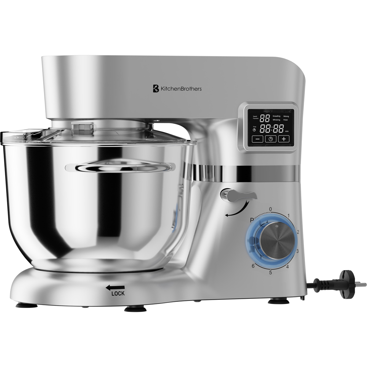 Een zilveren KitchenBrothers standmixer met digitaal display en glazen kom.