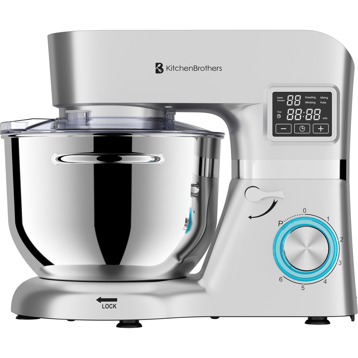 Zilveren KitchenBrothers standmixer met RVS kom en digitaal display.