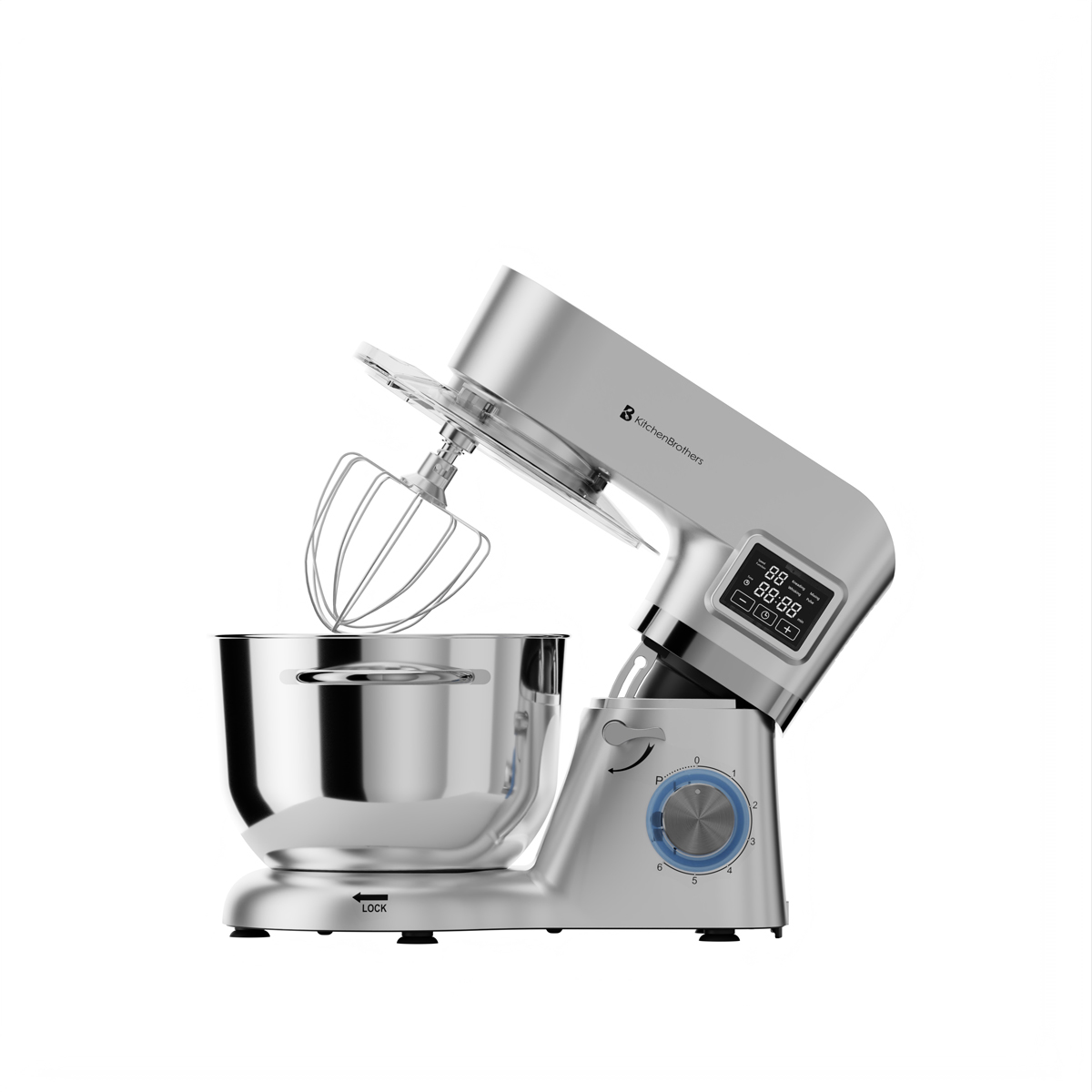 Een zilveren keukenmixer met kom en garde, met digitaal display.