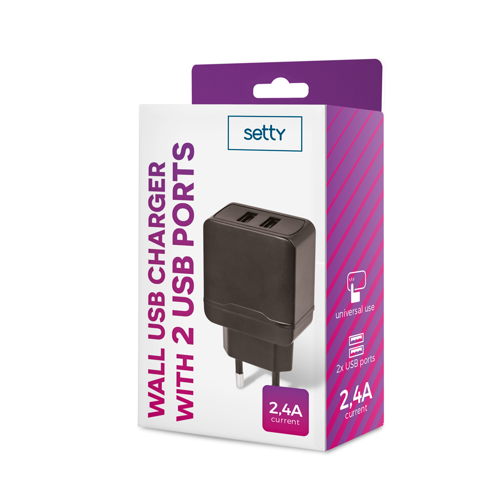 Caricatore USB da parete Setty con 2 porte, corrente 2,4A, uso universale.