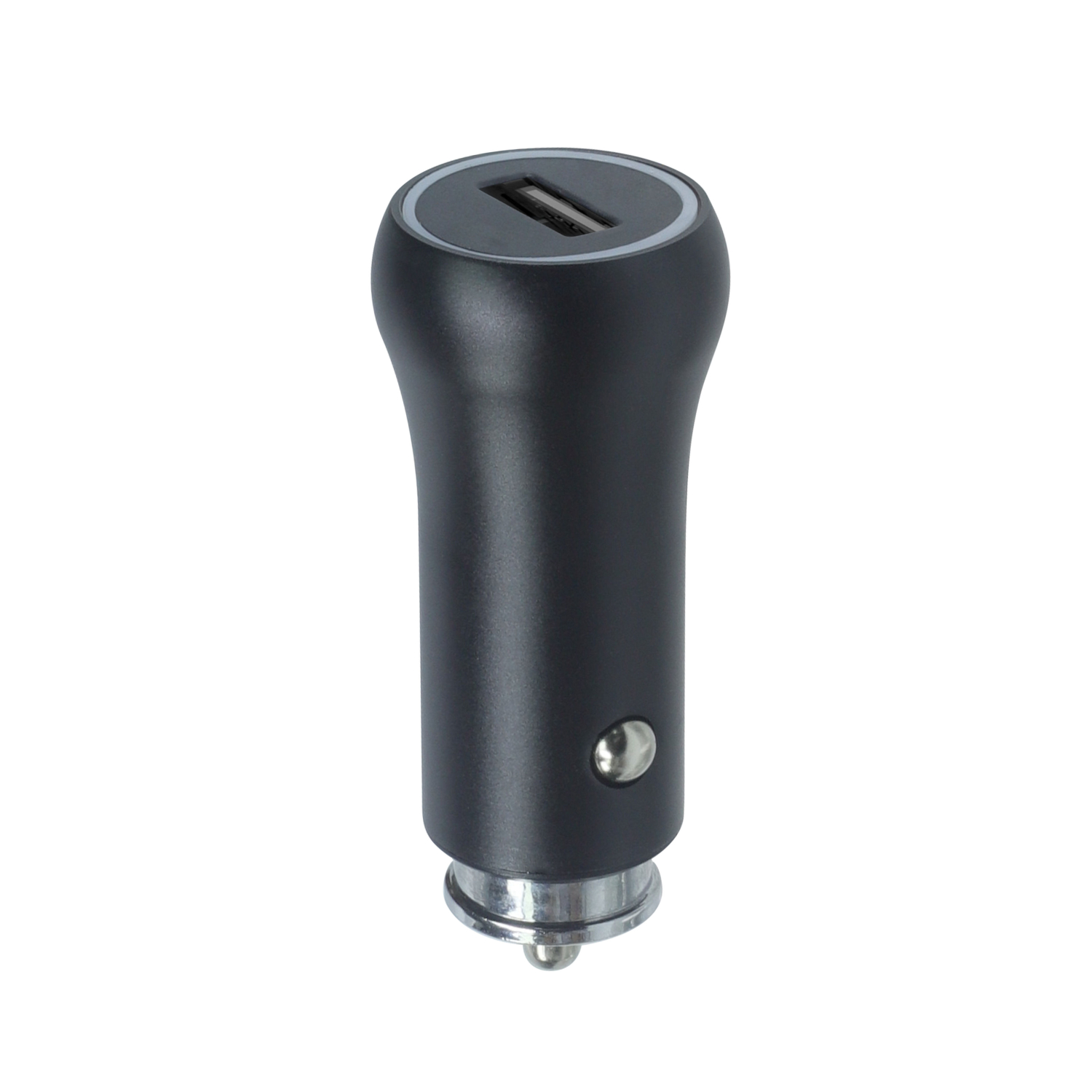Czarny samochodowy adapter USB ze srebrnymi akcentami na białym tle.