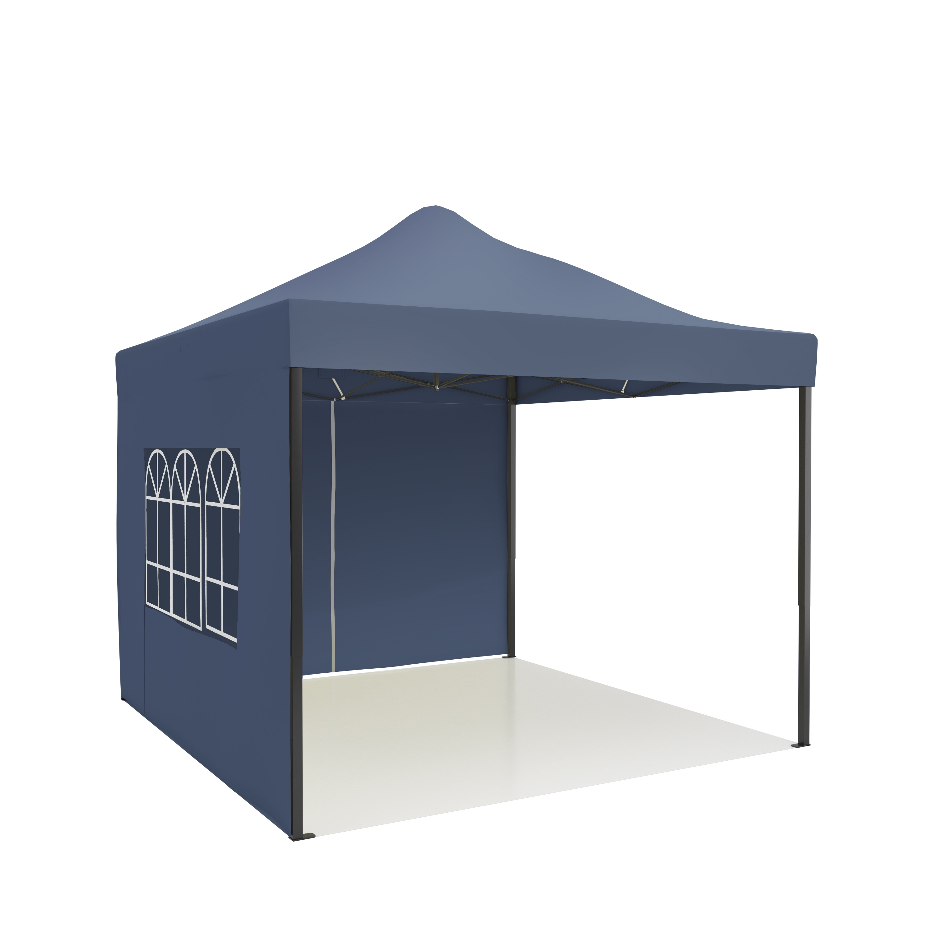 A dark blue tent with three windows and an open entrance.