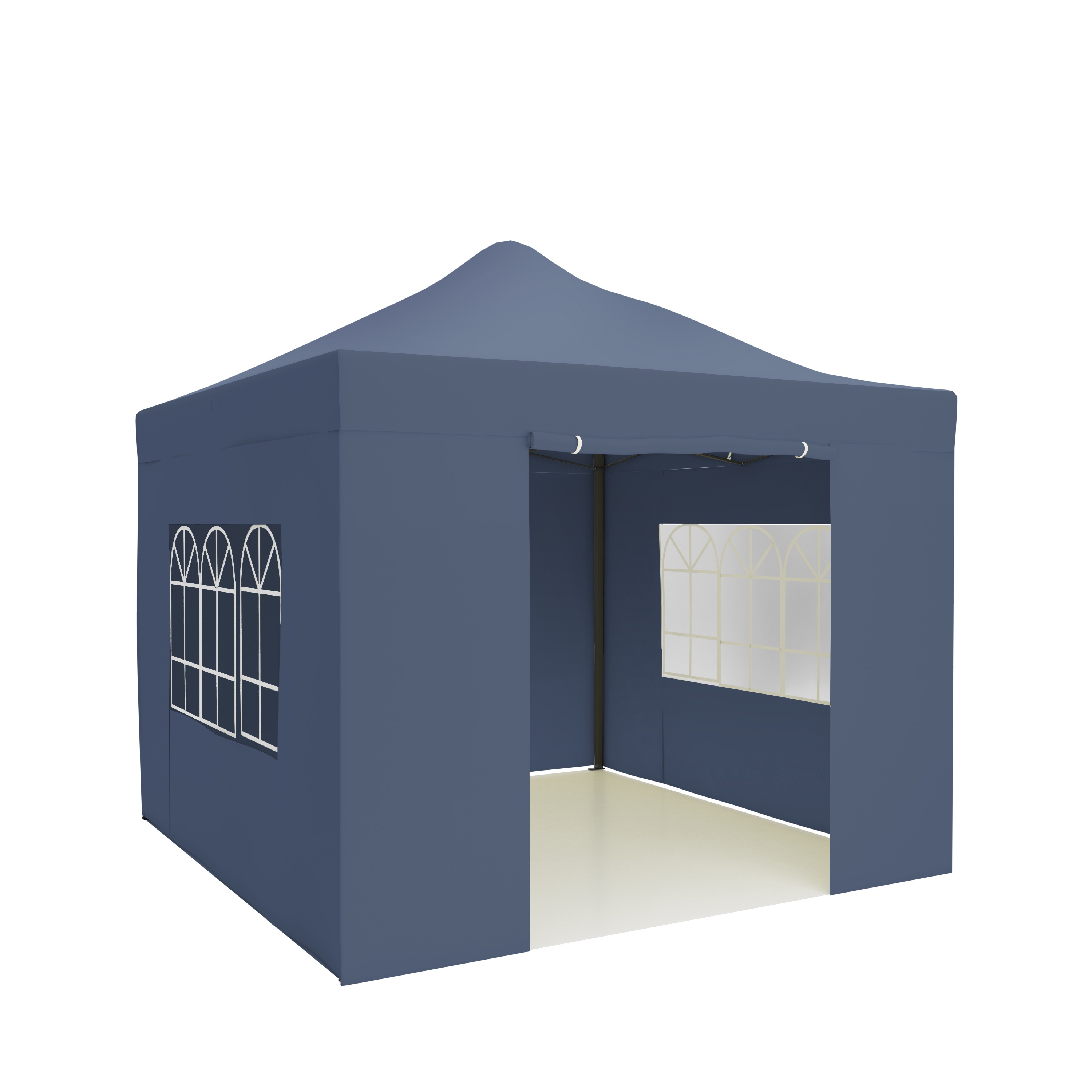 A dark blue gazebo with windows and an open entrance on a light floor.