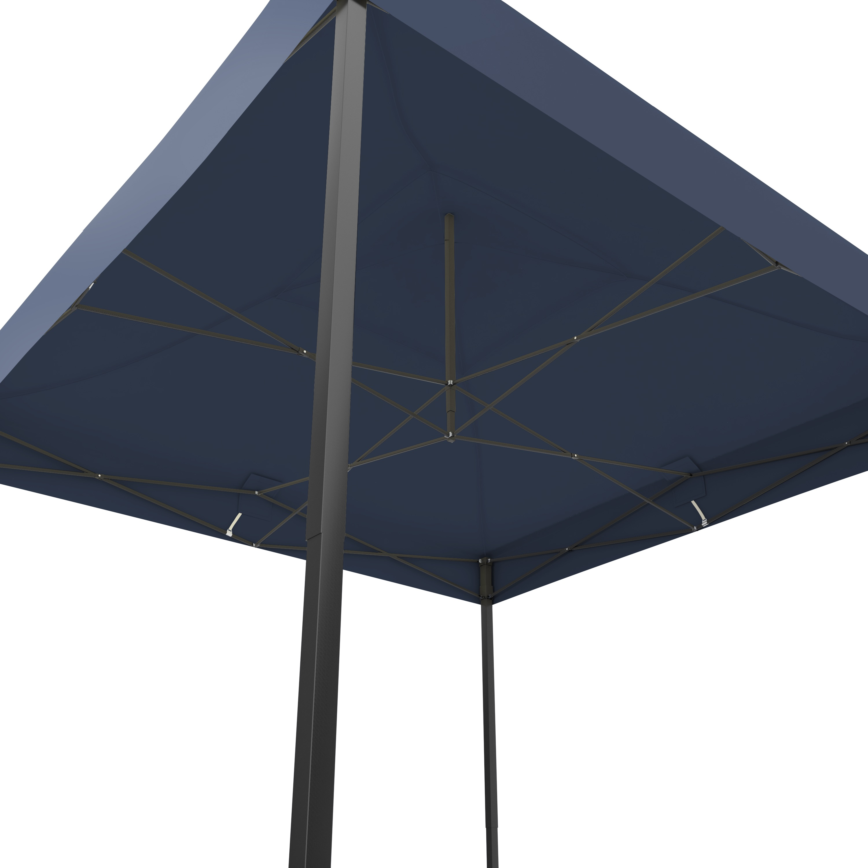 Dark blue canopy with metal struts and dark supports.