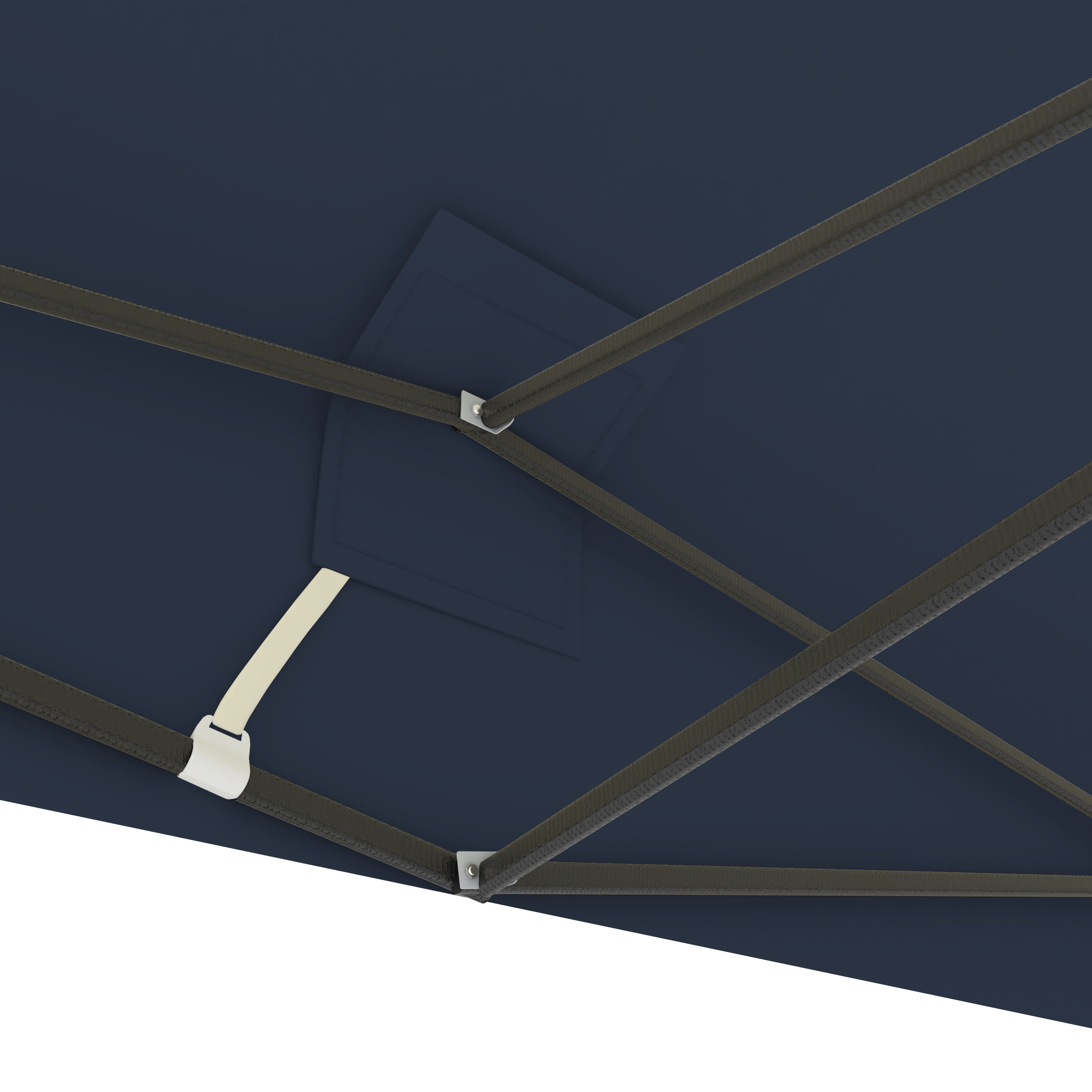 Dark blue canopy with dark metal frame and white securing strap.