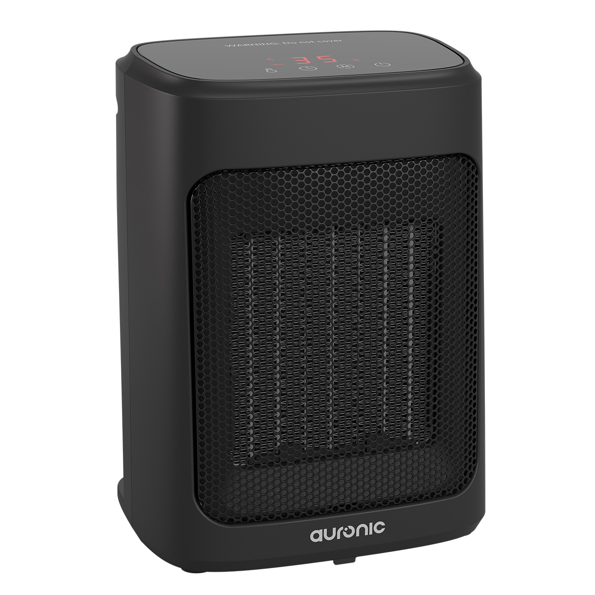 Zwarte draagbare kachel met ventilatierooster en digitaal display.