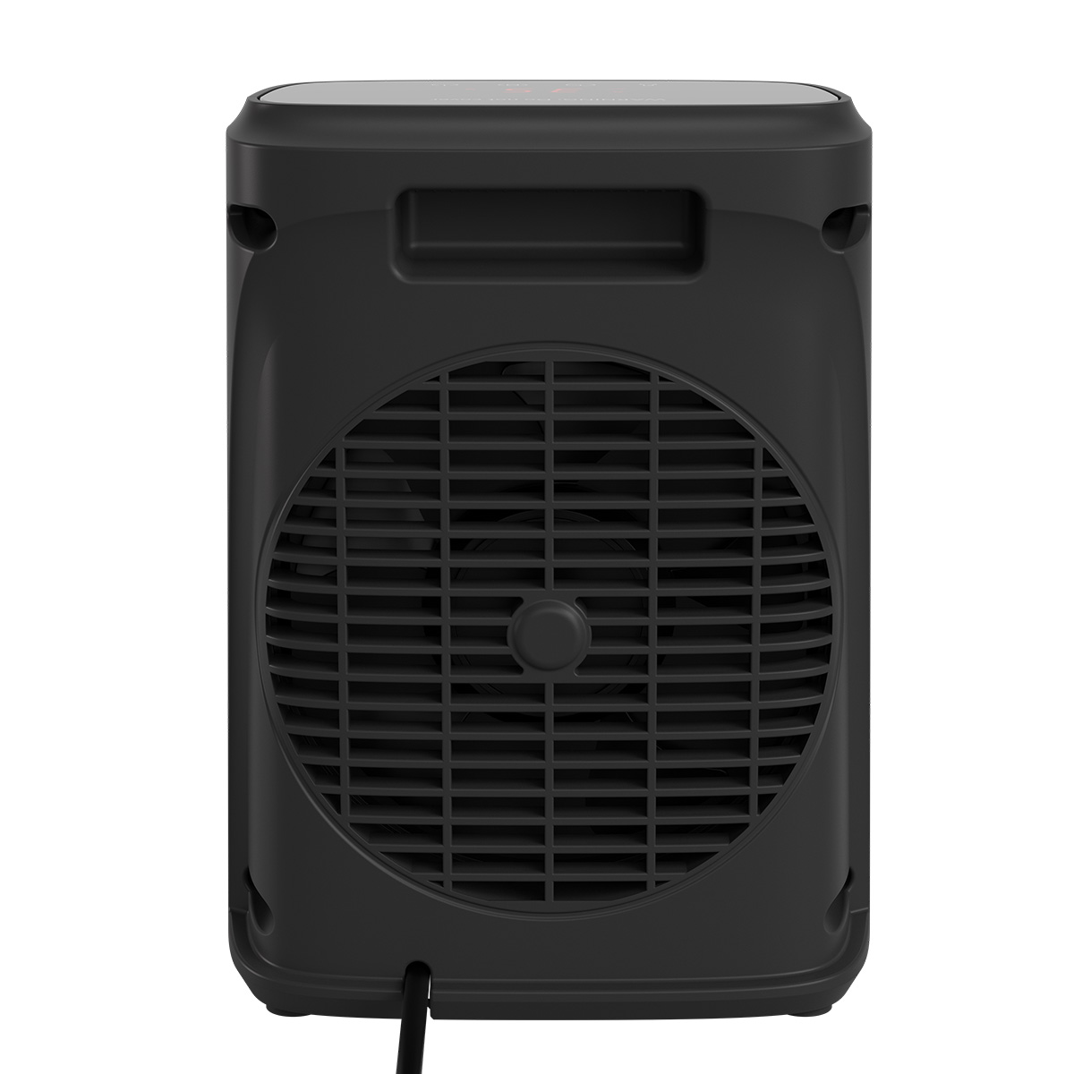 Zwarte kachel van achteren gezien, met ventilatierooster en handvat boven.