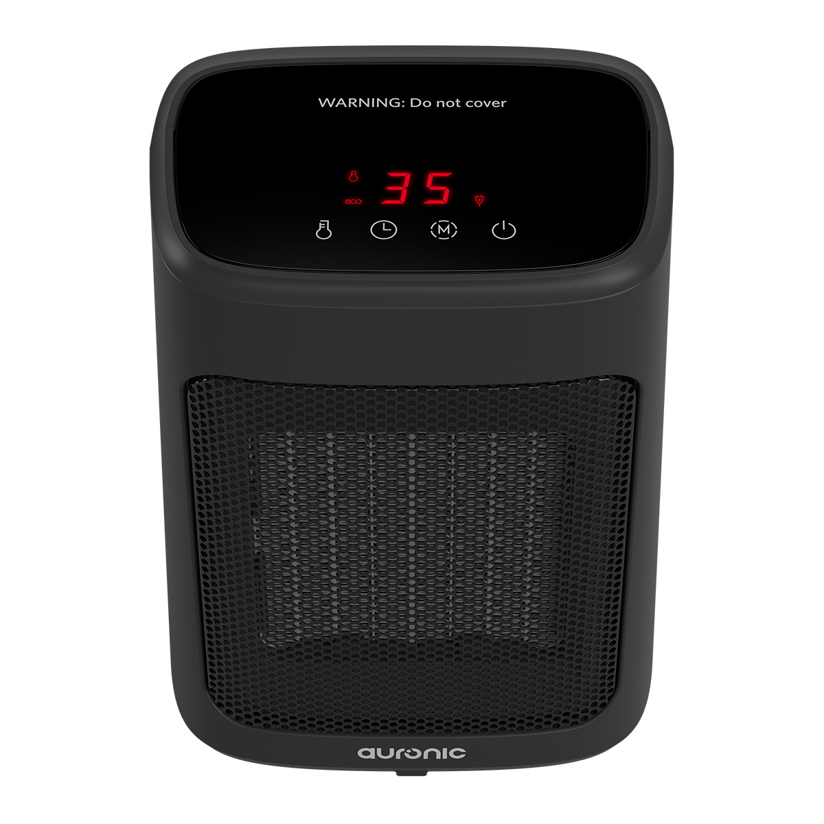 Zwarte draagbare kachel met digitaal display dat 35 graden toont.