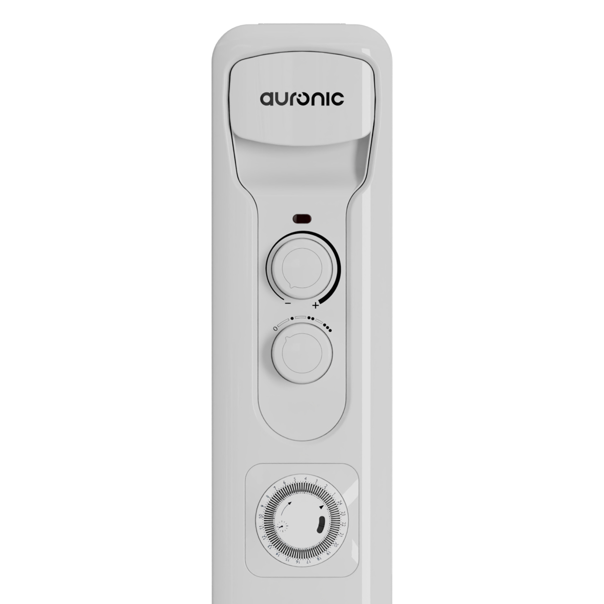 Ein weißer Radiator mit dem Auronic-Logo, zwei Drehreglern und einem Timer.