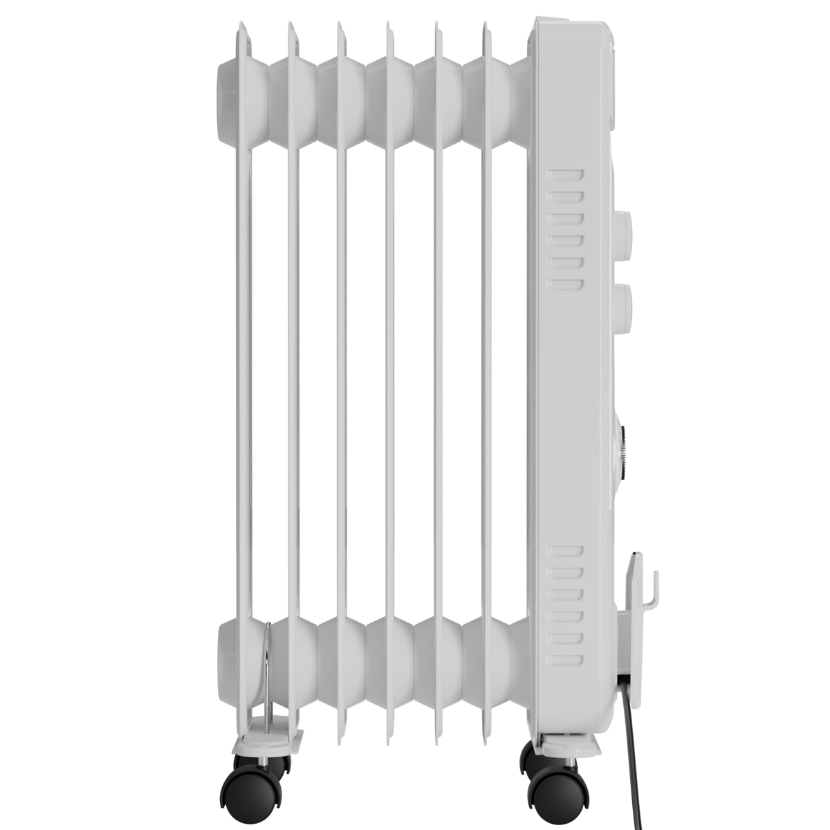 Ein weißer Ölradiator mit Rillen und Rädern steht auf weißem Hintergrund.