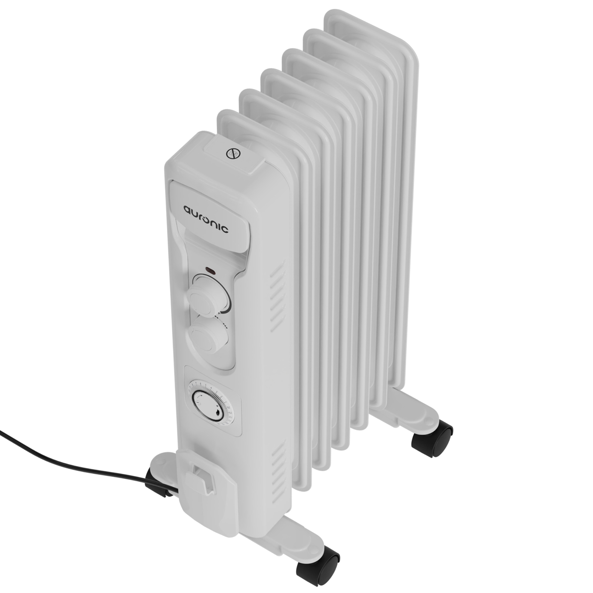 Ein weißer Ölradiator mit Rädern und Bedienelementen.