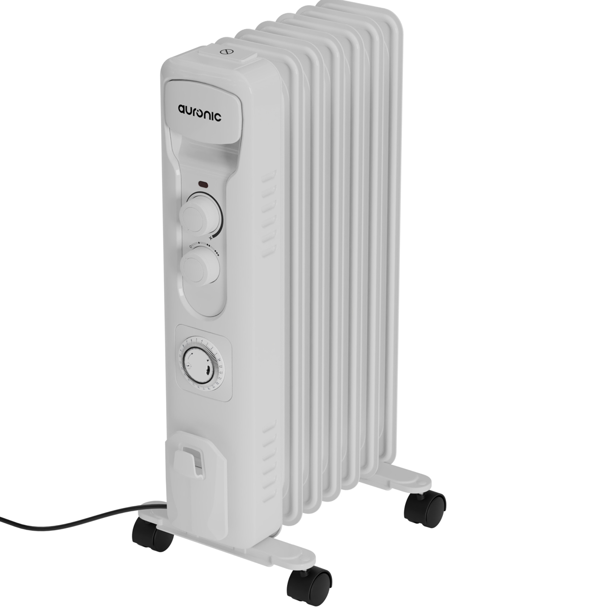 Ein weißer Ölradiator mit Rädern und Bedienelementen.