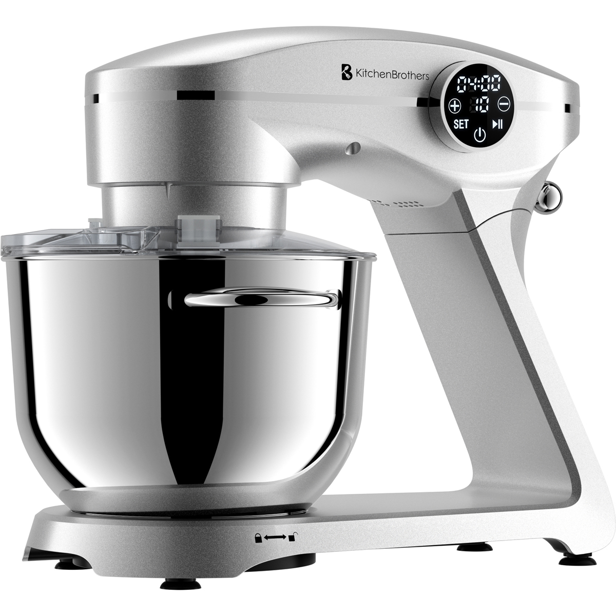 Zilveren standmixer met roestvrijstalen kom en digitaal display.