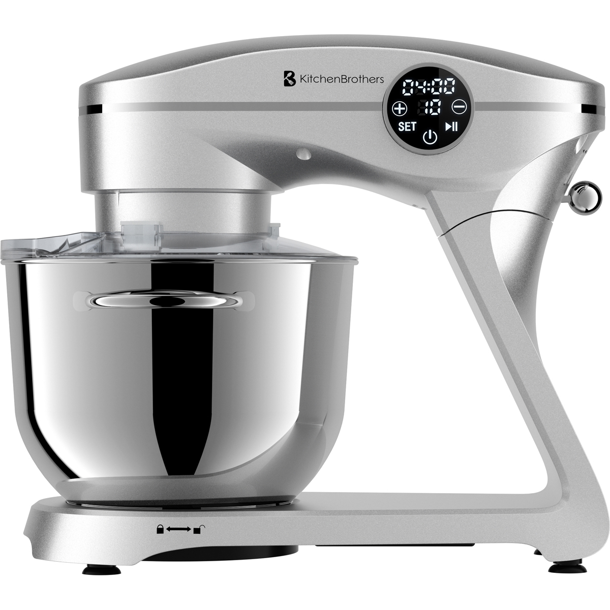 Zilveren keukenmixer met kom en digitaal display. Bovenkant toont logo en bediening.