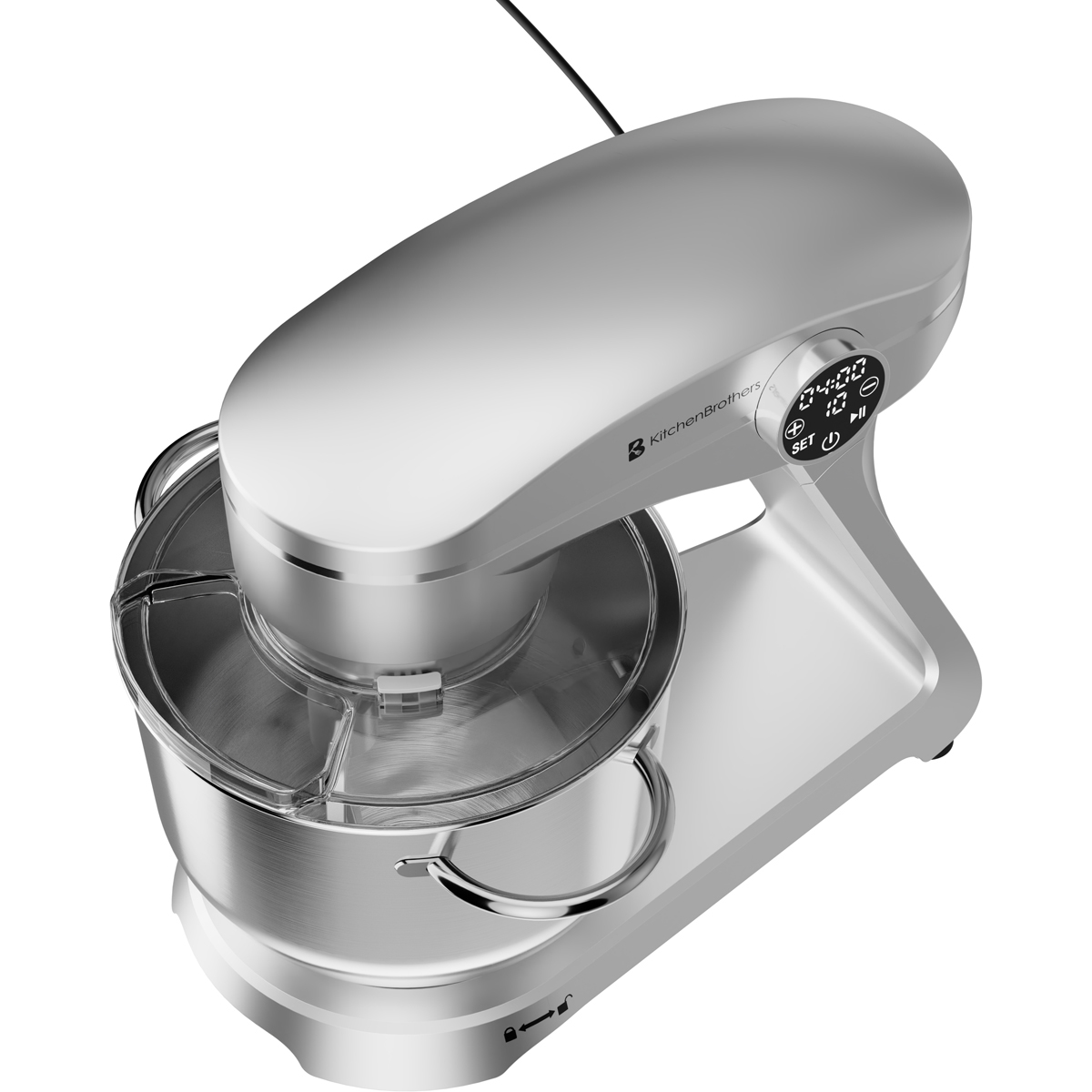 Een zilveren keukenmixer met kom en digitaal display, geïsoleerd op witte achtergrond.
