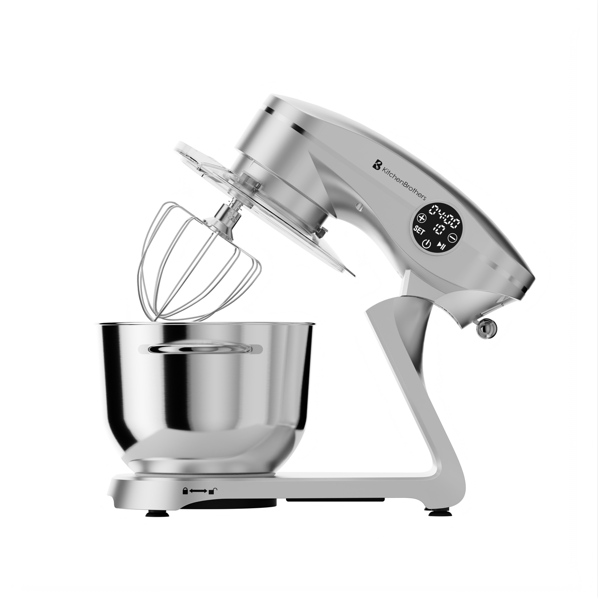 Een zilveren keukenmixer met mengkom en garde, op witte achtergrond.